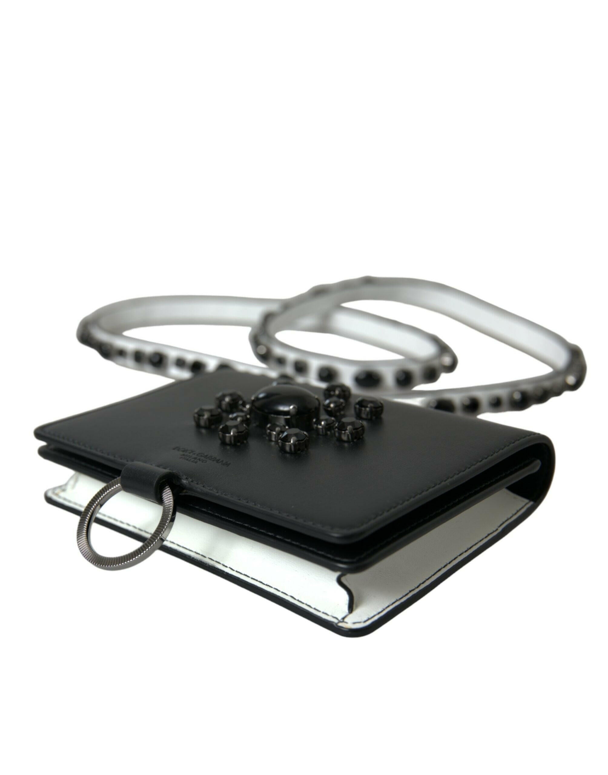Dolce & Gabbana Black White Leather Crystal Embellished Cardholder Wallet.