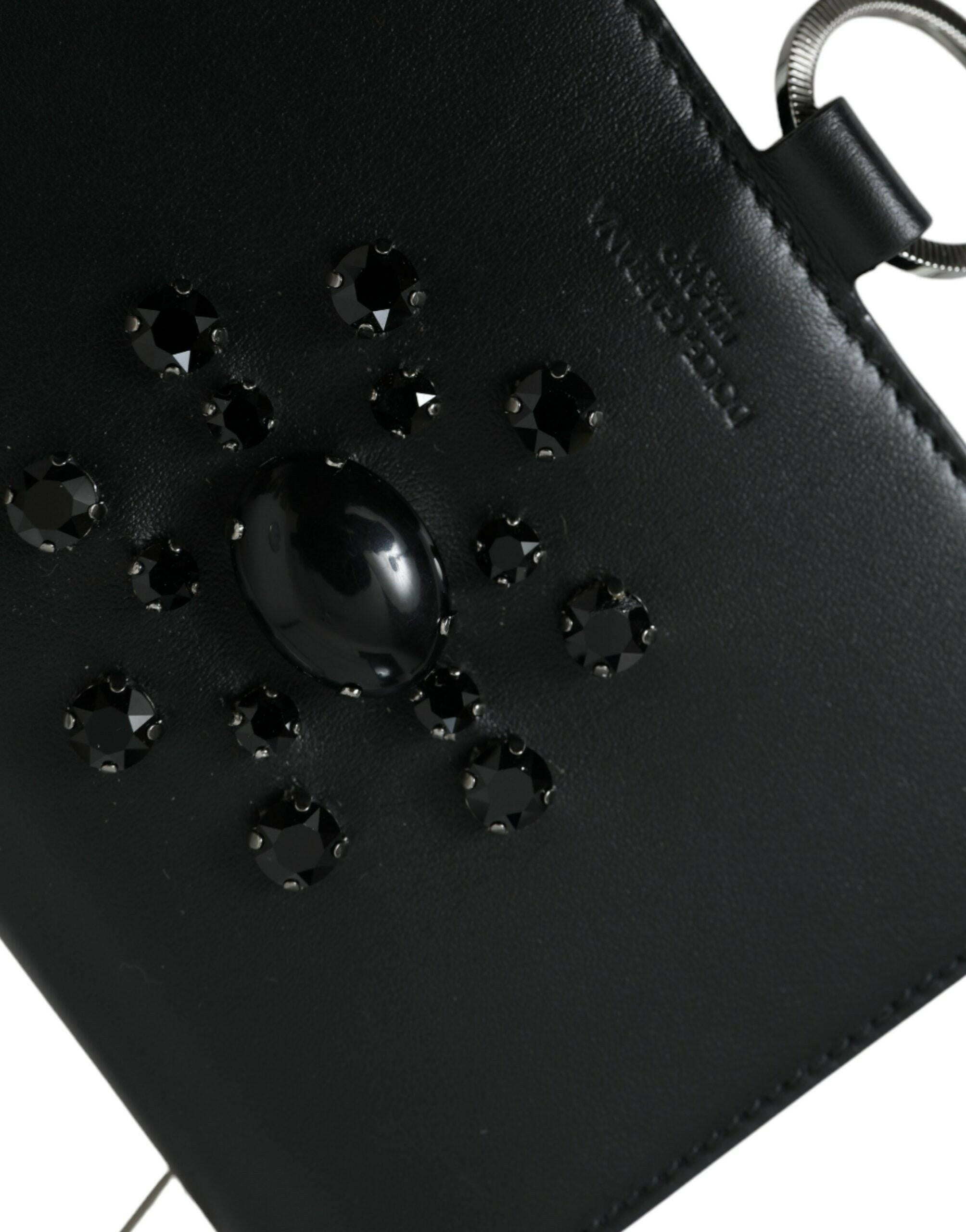 Dolce & Gabbana Black White Leather Crystal Embellished Cardholder Wallet.