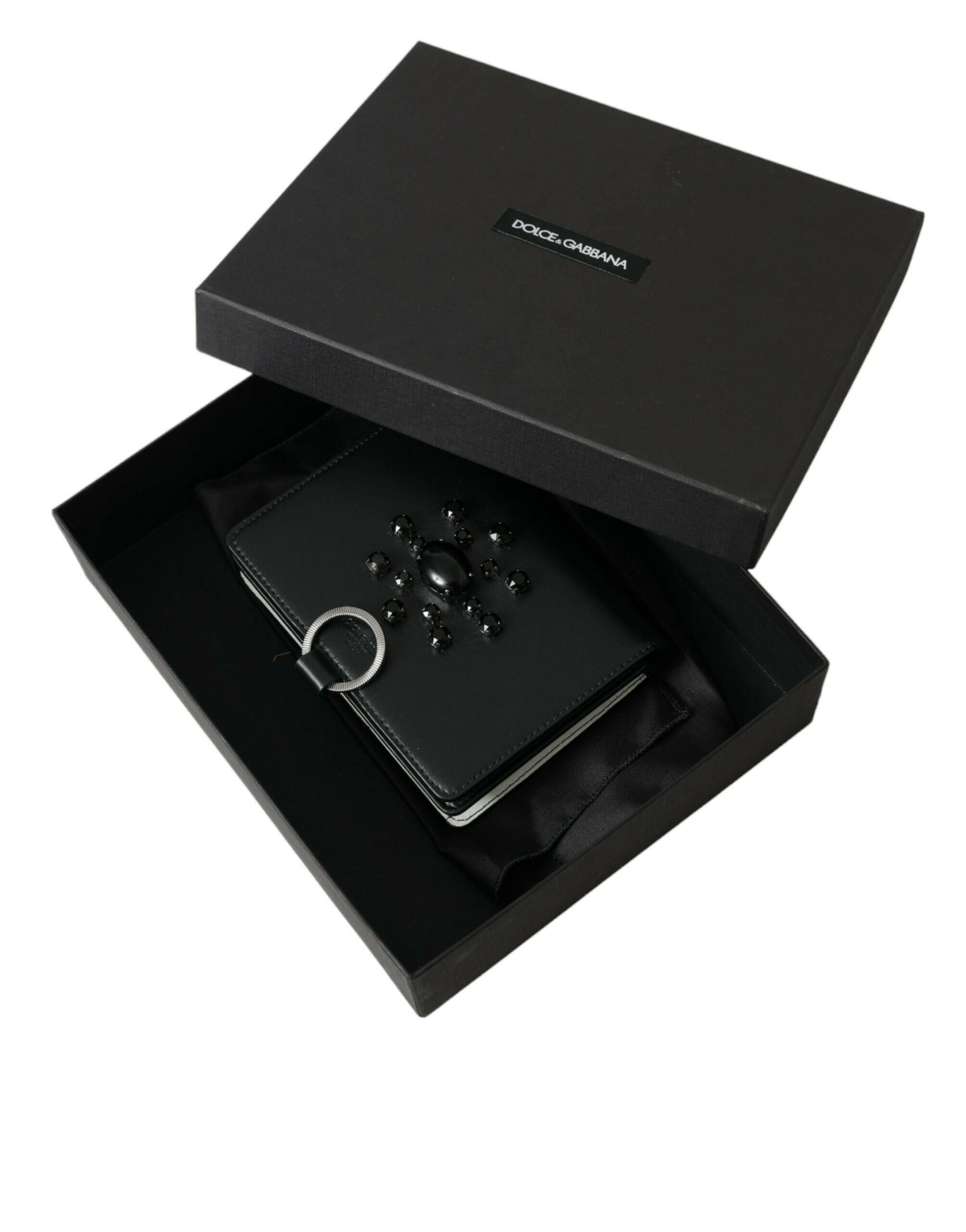 Dolce & Gabbana Black White Leather Crystal Embellished Cardholder Wallet.