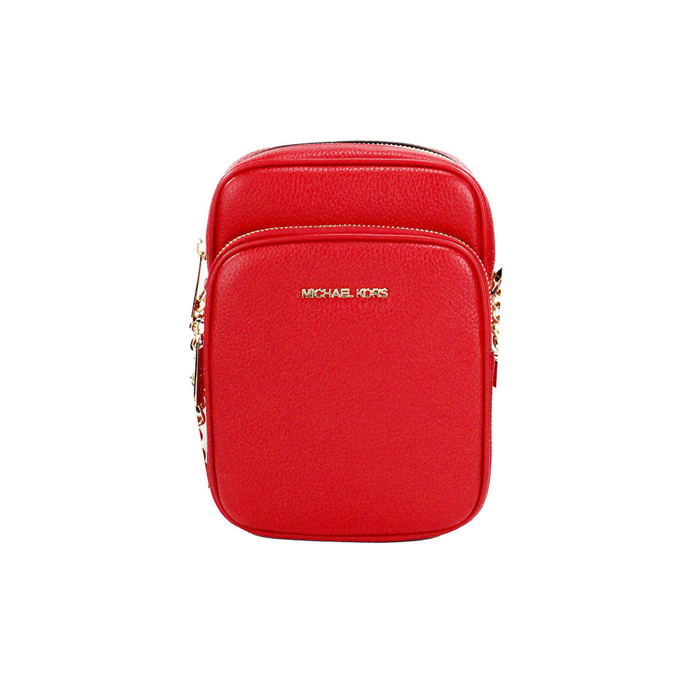 Michael Kors Jet Set Bright Red Pebbled Leather North South Chain Crossbody Bag.