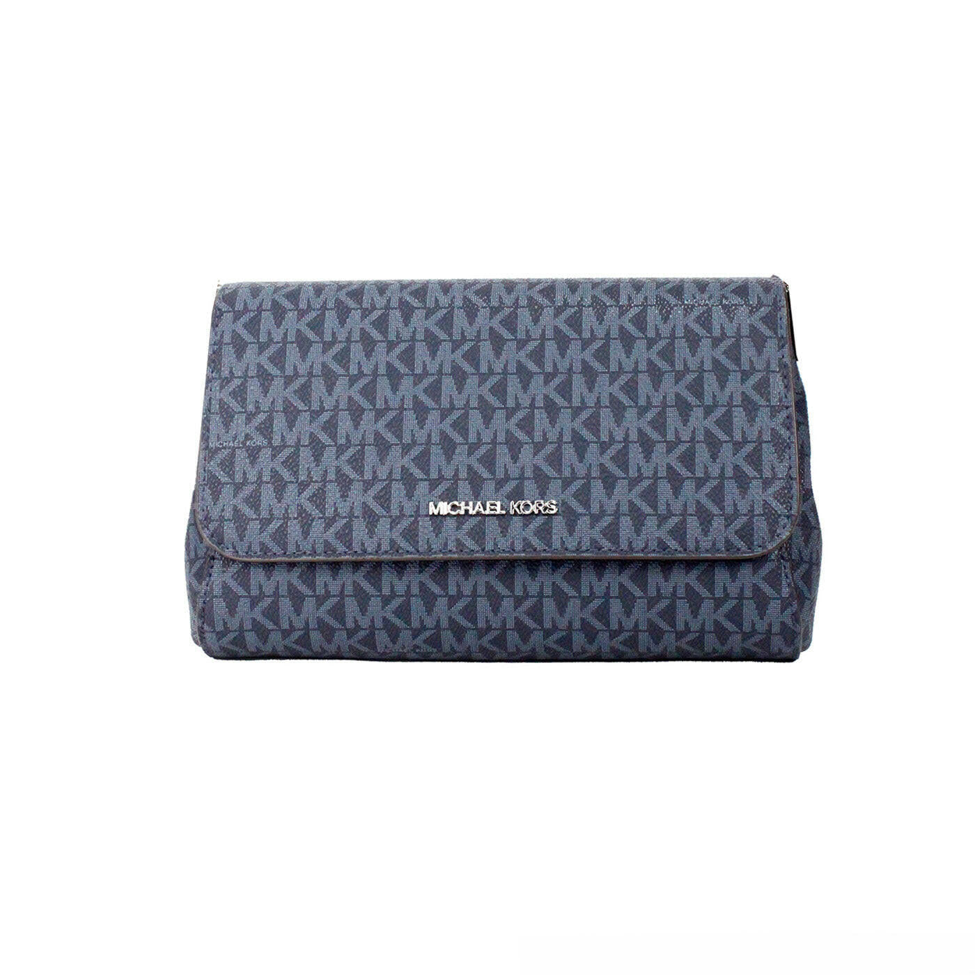 Michael Kors Jet Set Medium Navy Blue PVC Convertible Pouchette Crossbody Bag.