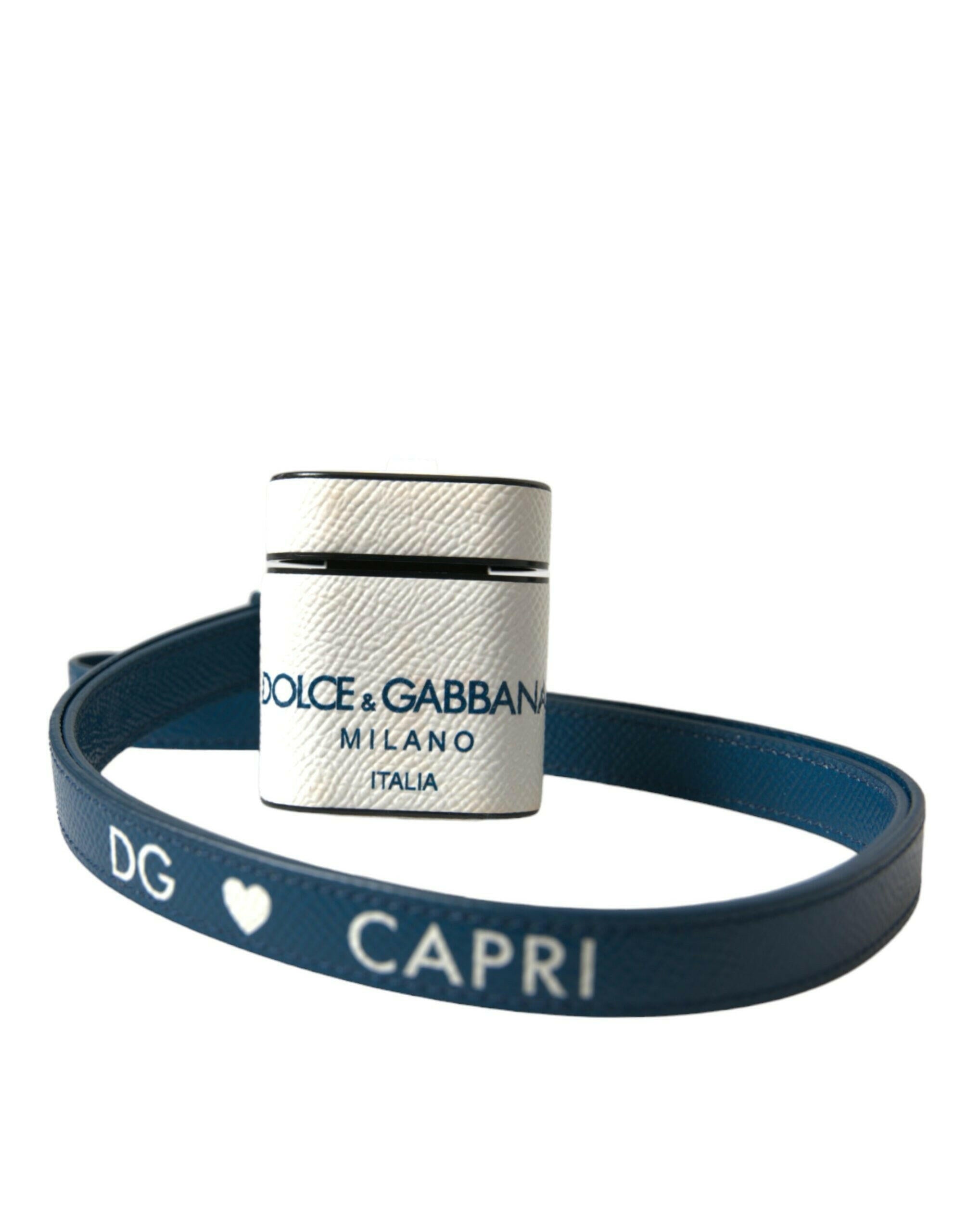 Dolce & Gabbana White Blue Calf Leather Logo Print Strap Airpods Case.