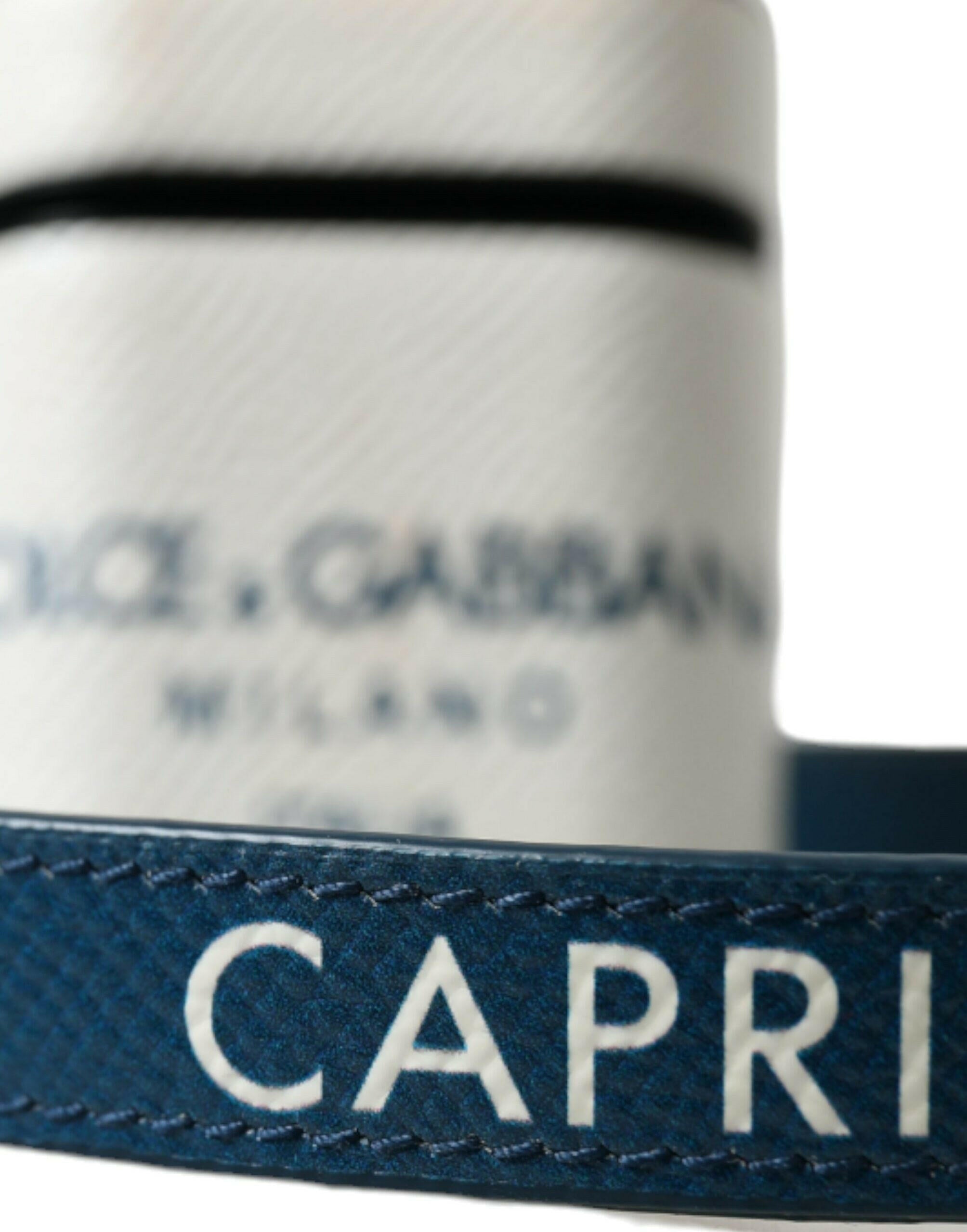 Dolce & Gabbana White Blue Calf Leather Logo Print Strap Airpods Case.