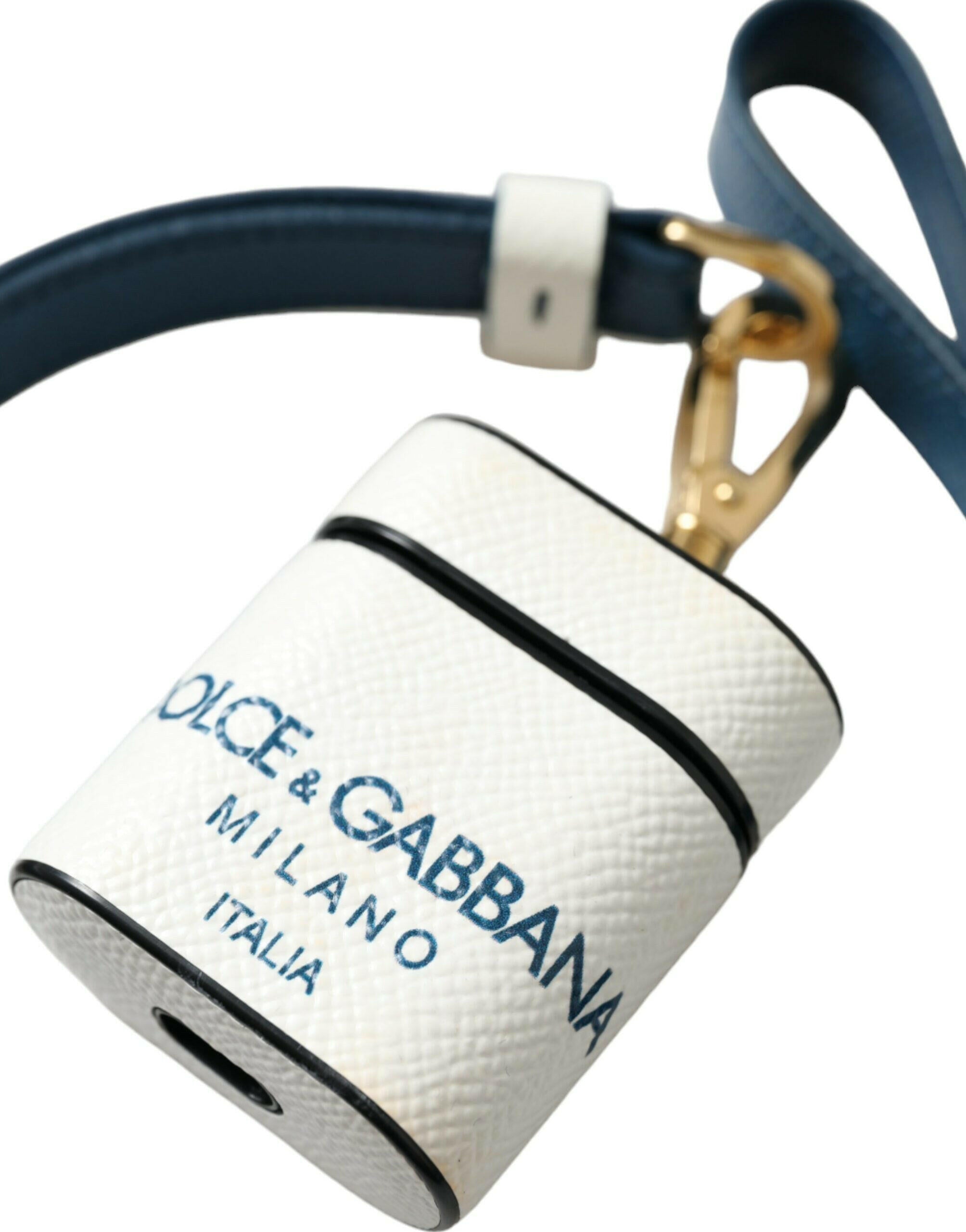 Dolce & Gabbana White Blue Calf Leather Logo Print Strap Airpods Case.