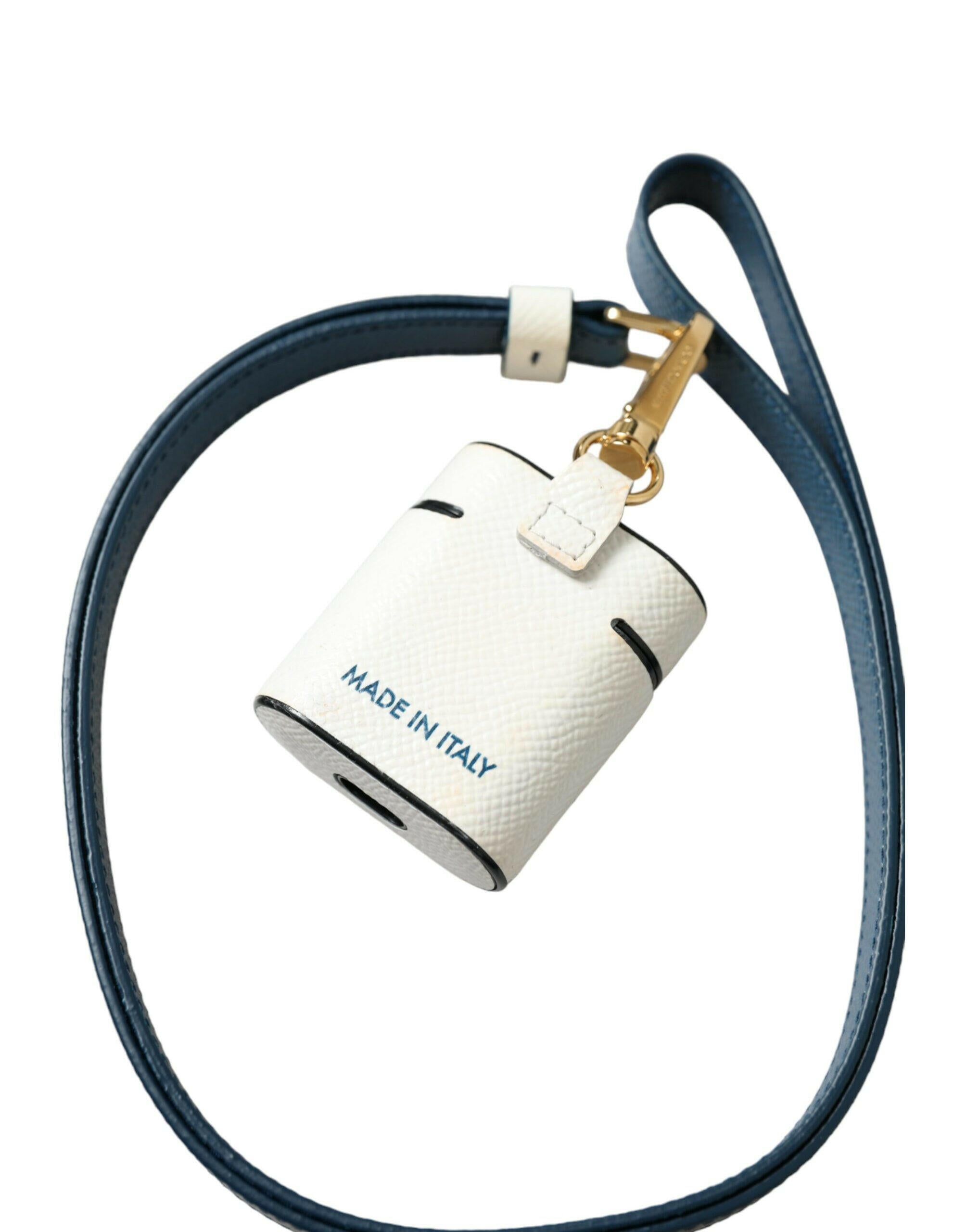 Dolce & Gabbana White Blue Calf Leather Logo Print Strap Airpods Case.