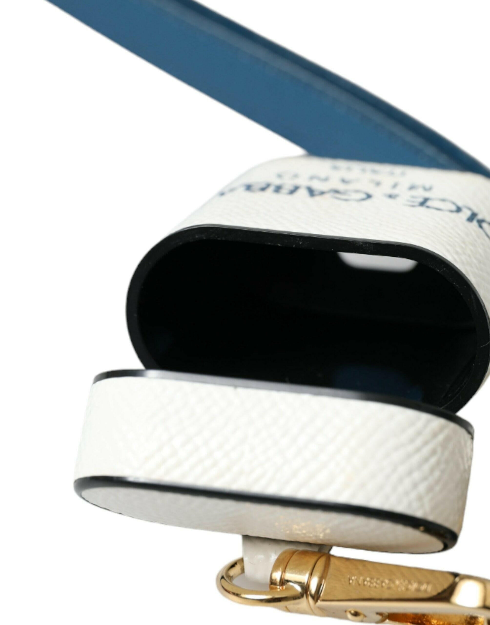 Dolce & Gabbana White Blue Calf Leather Logo Print Strap Airpods Case.