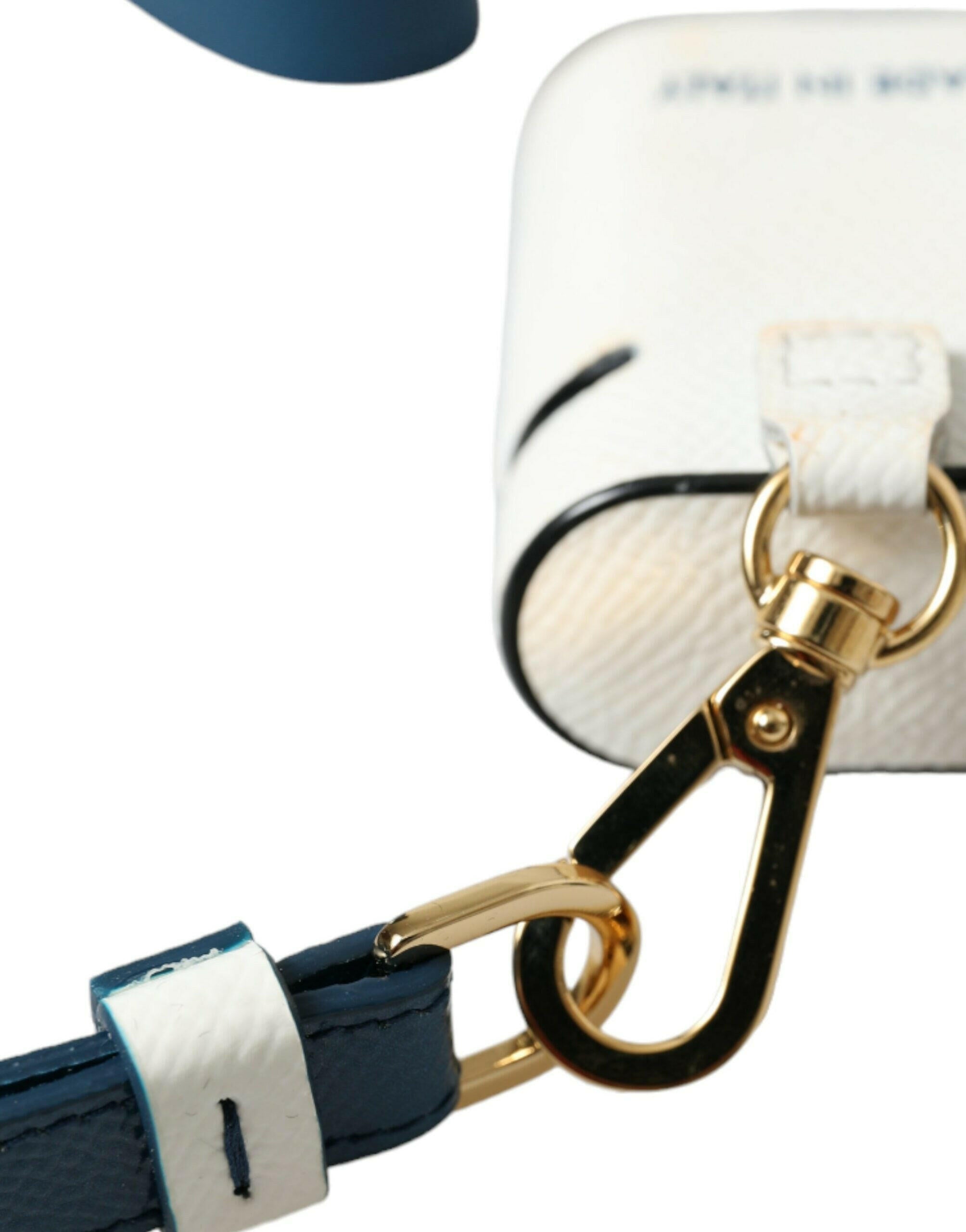 Dolce & Gabbana White Blue Calf Leather Logo Print Strap Airpods Case.