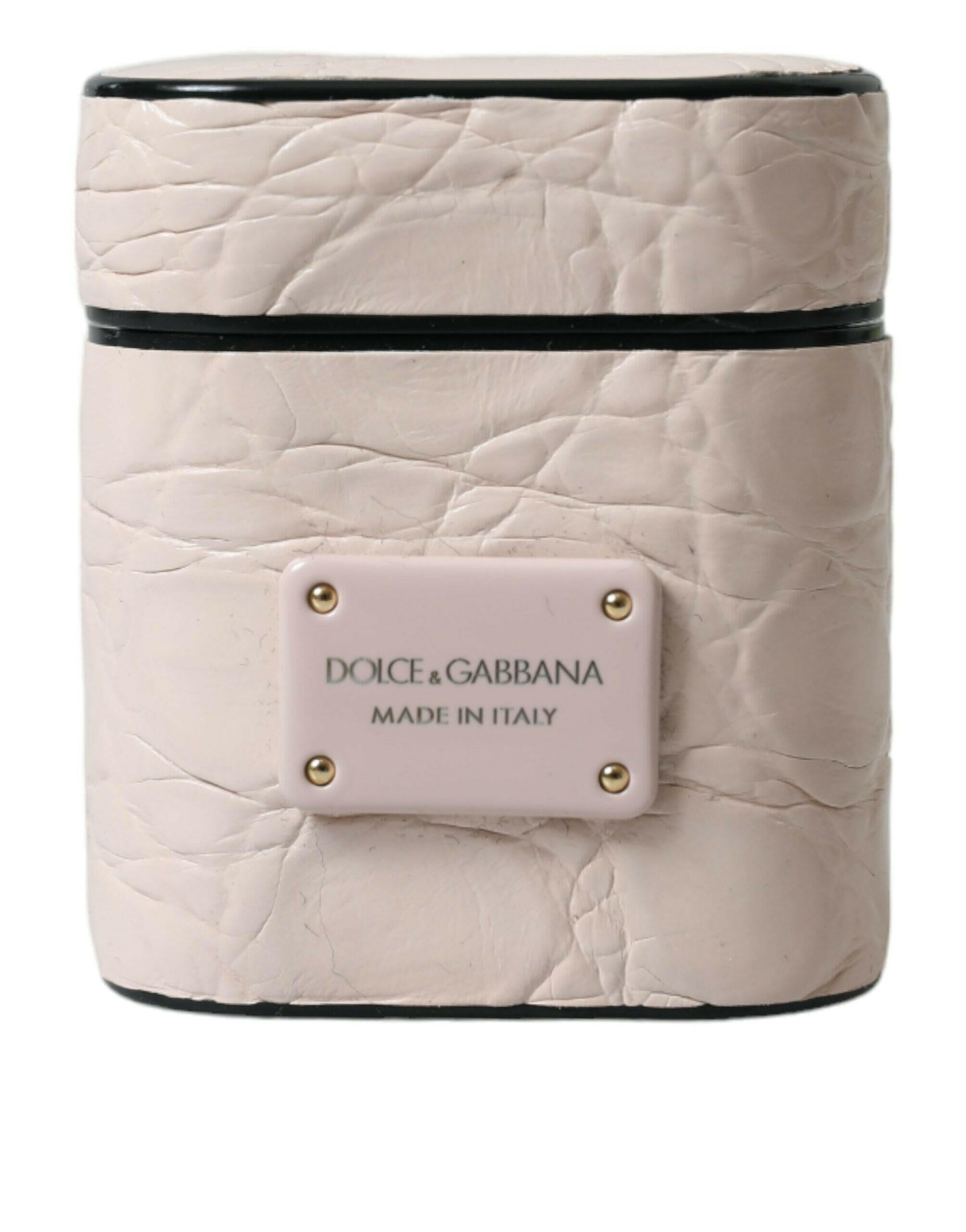 Dolce & Gabbana Light Pink Calf Leather Metal Logo Plaque Airpods Case.