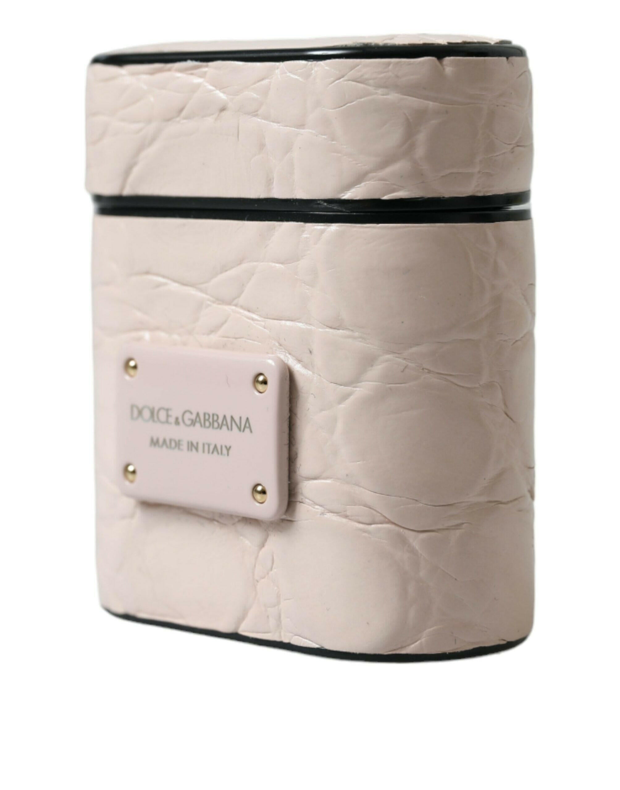 Dolce & Gabbana Light Pink Calf Leather Metal Logo Plaque Airpods Case.