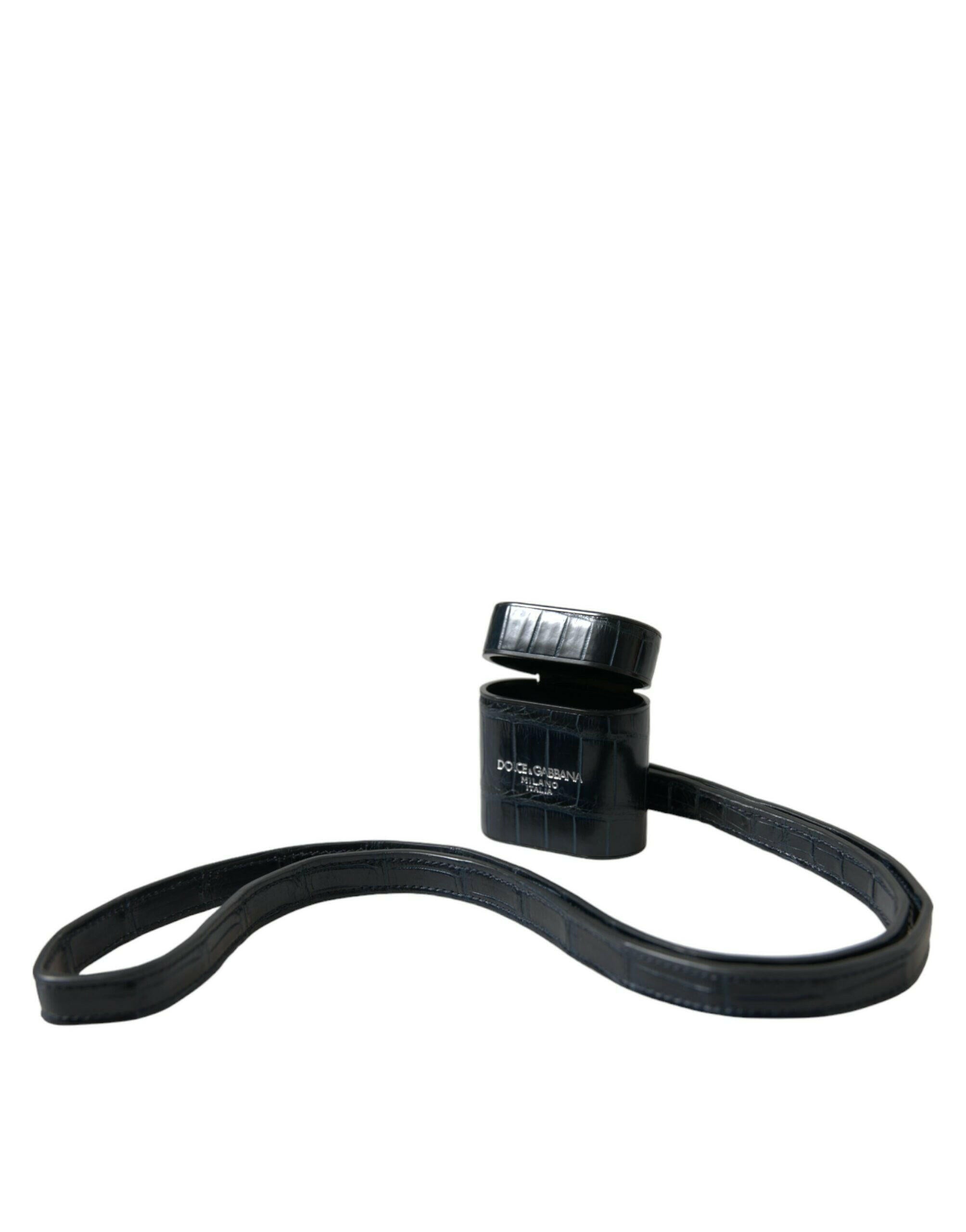Dolce & Gabbana Black Crocodile Leather Silver Metal Logo Airpods Case.