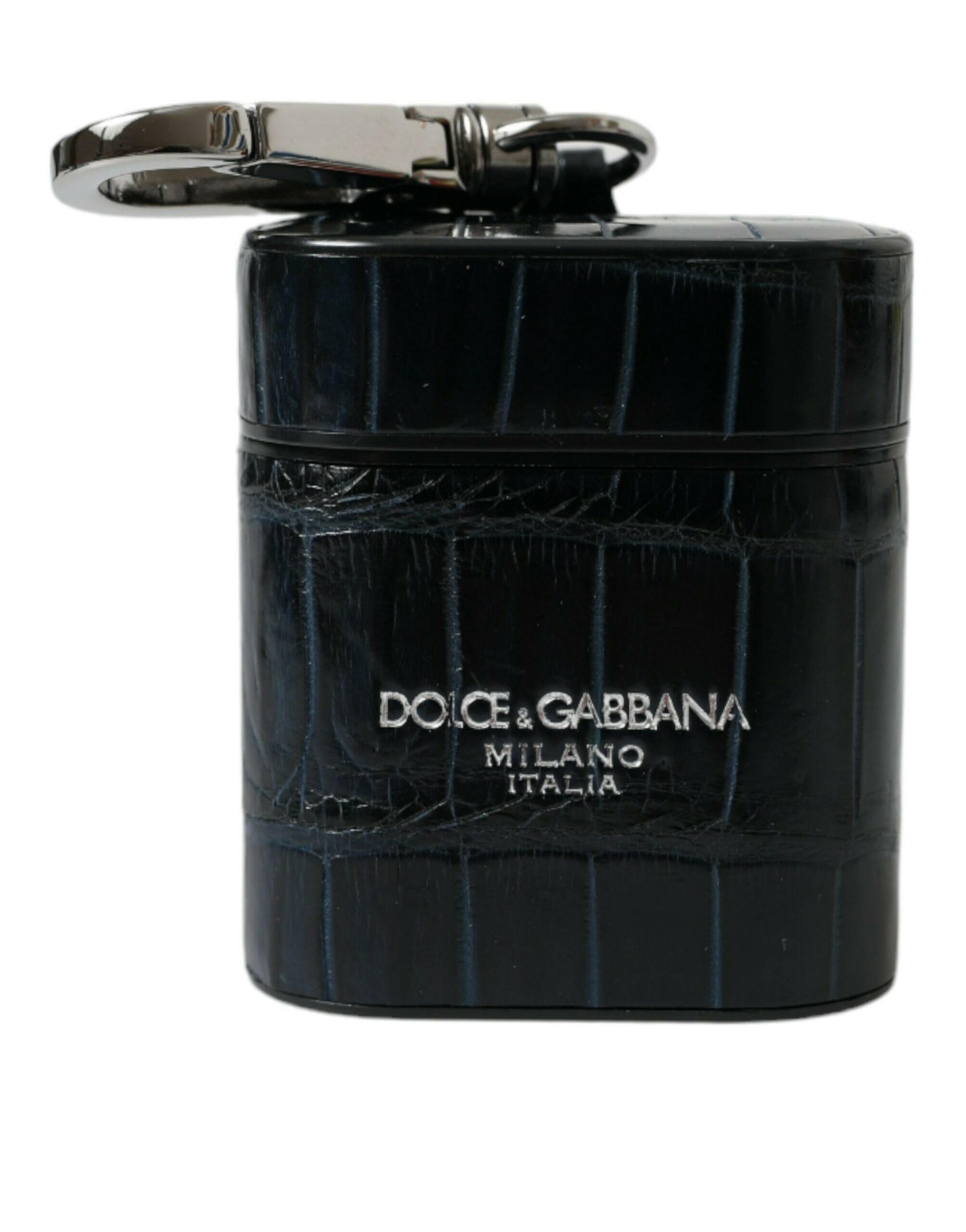 Dolce & Gabbana Black Crocodile Leather Silver Metal Logo Airpods Case.