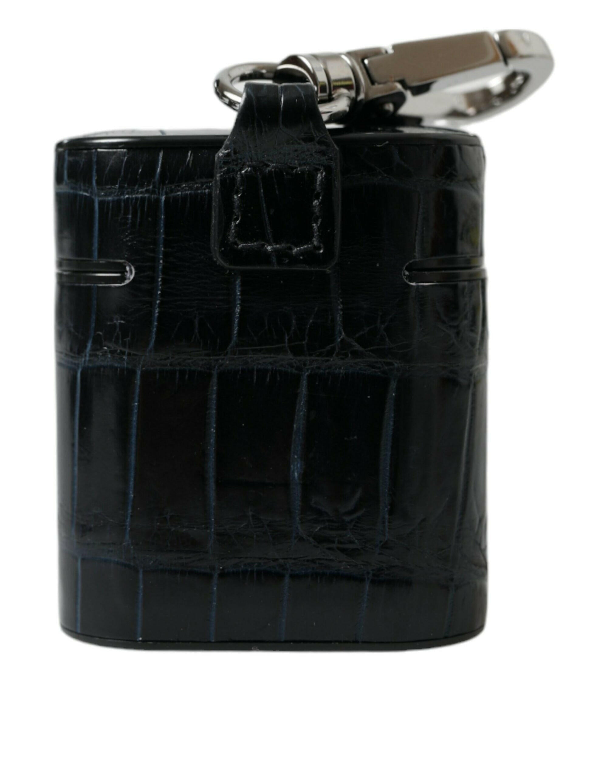 Dolce & Gabbana Black Crocodile Leather Silver Metal Logo Airpods Case.