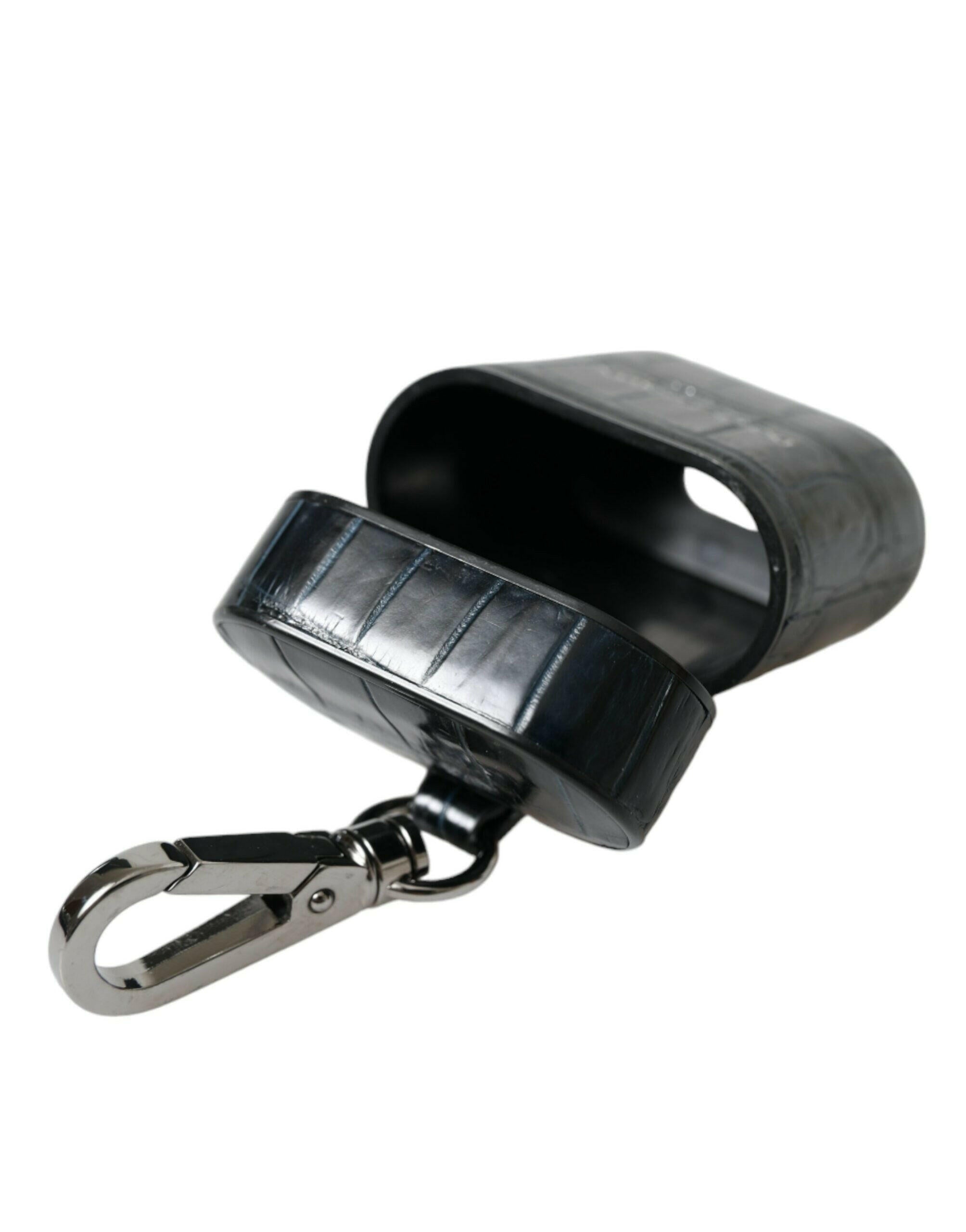 Dolce & Gabbana Black Crocodile Leather Silver Metal Logo Airpods Case.