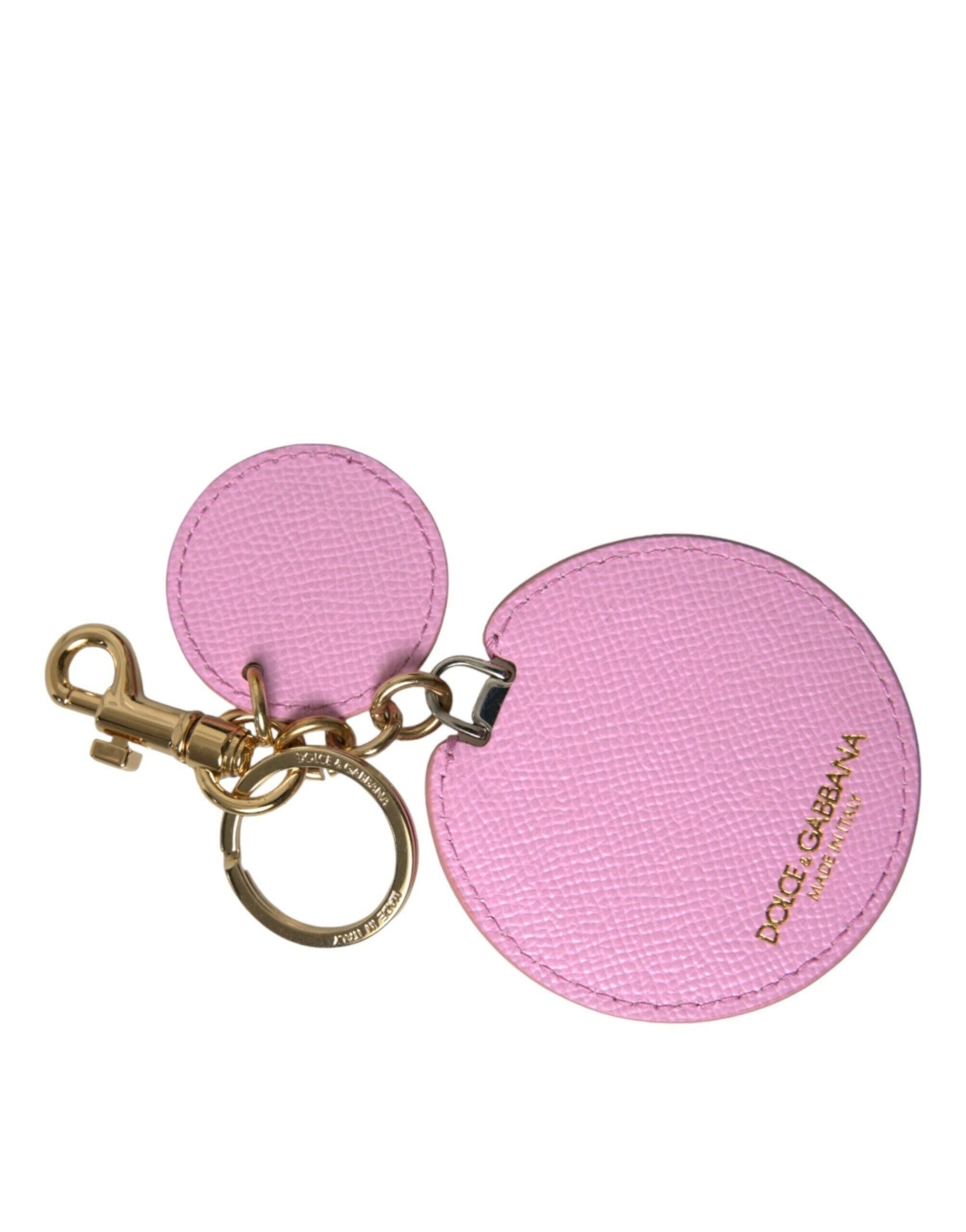 Dolce & Gabbana Pink Calf Leather Gold Metal Logo Print Keyring Keychain.