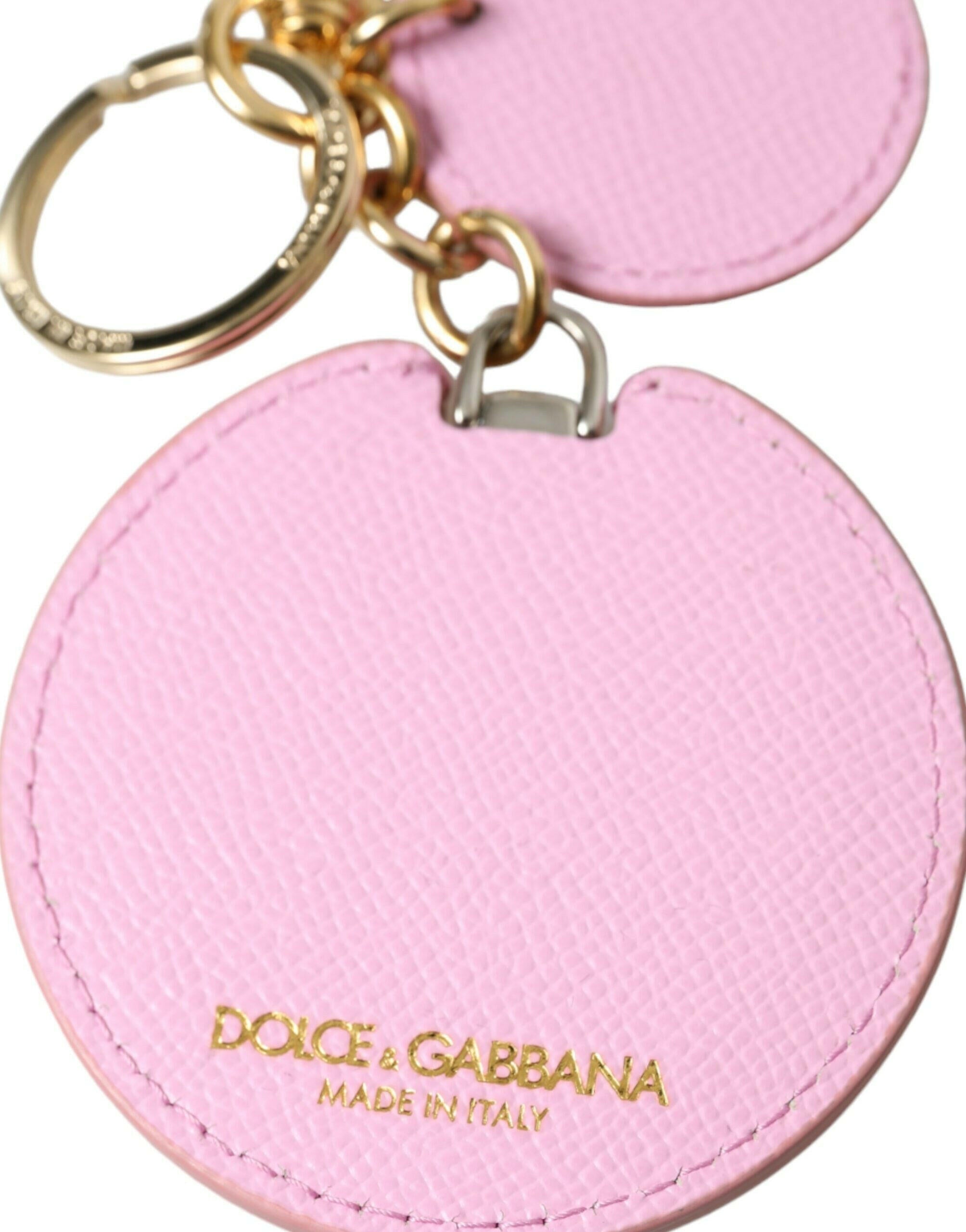 Dolce & Gabbana Pink Calf Leather Gold Metal Logo Print Keyring Keychain.