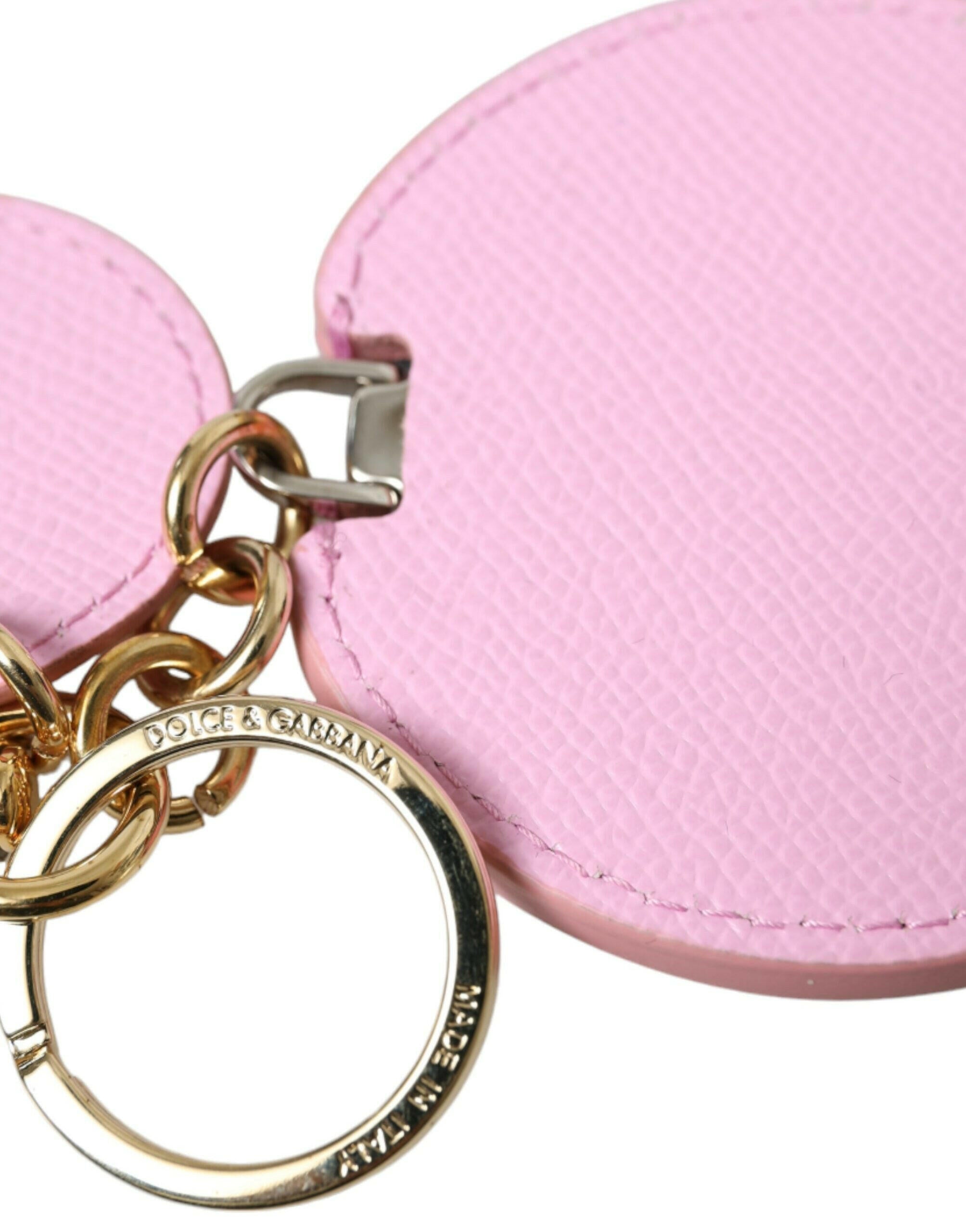 Dolce & Gabbana Pink Calf Leather Gold Metal Logo Print Keyring Keychain.