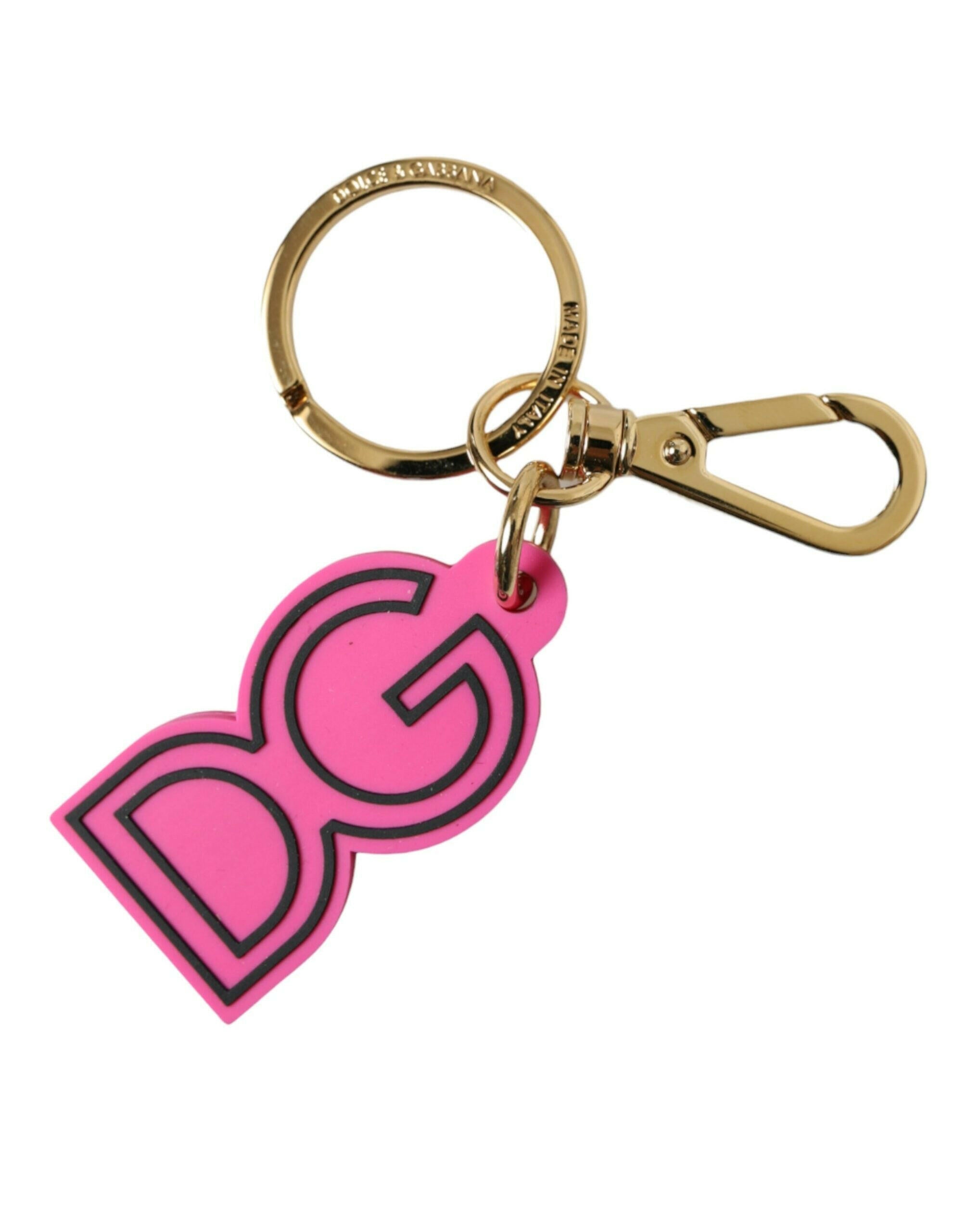 Dolce & Gabbana Pink Rubber Gold Tone Metal DG Logo Keyring Keychain.