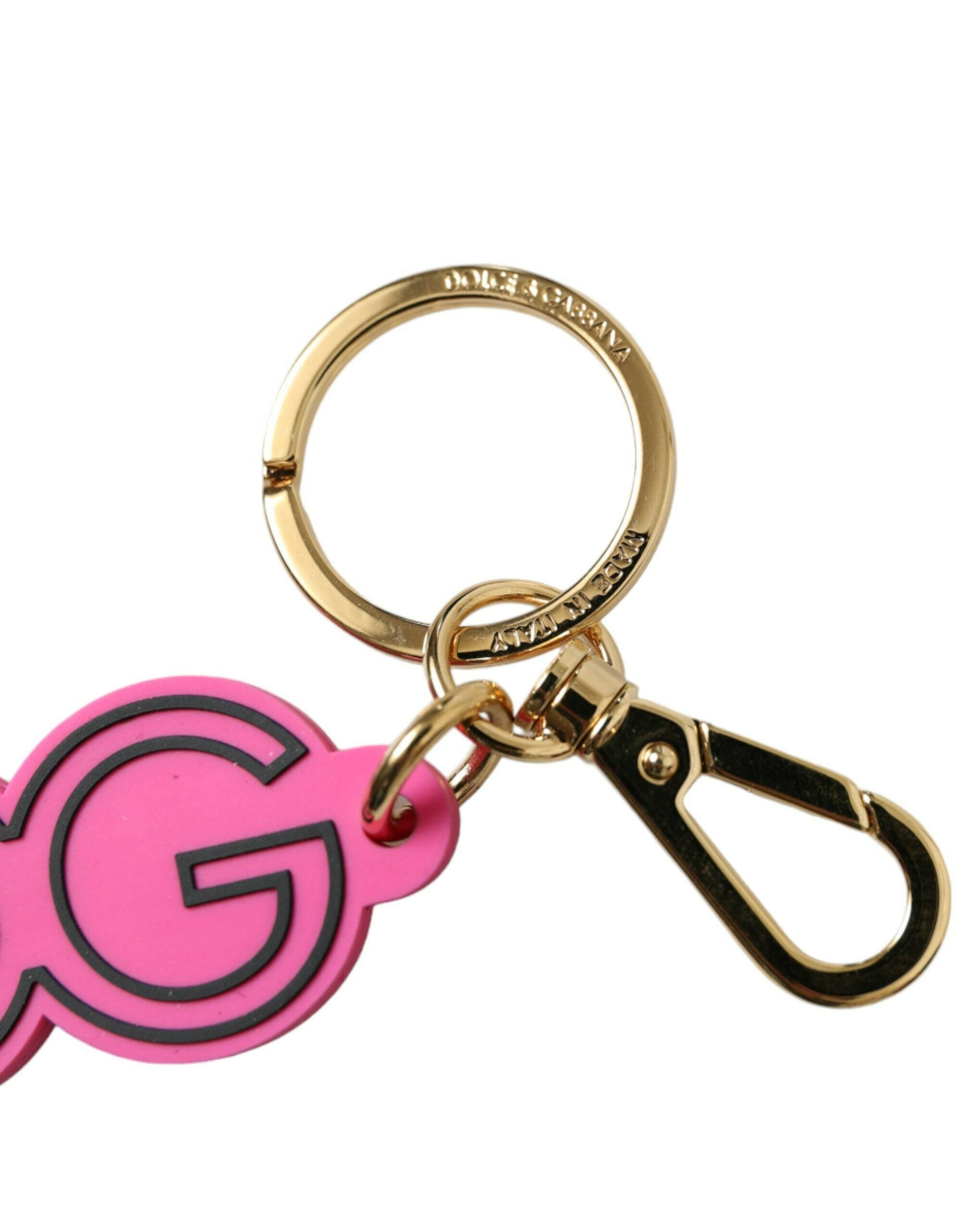 Dolce & Gabbana Pink Rubber Gold Tone Metal DG Logo Keyring Keychain.