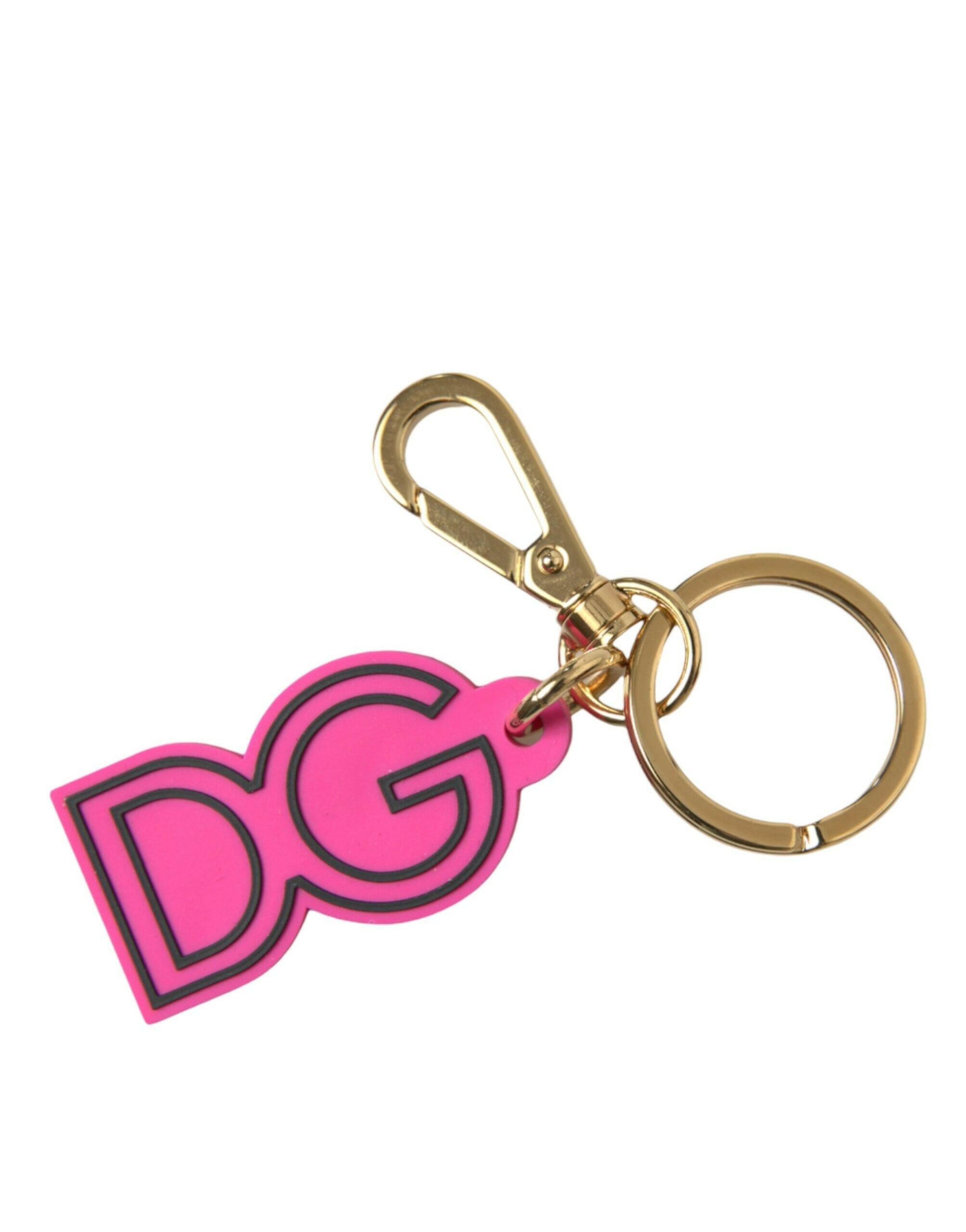 Dolce & Gabbana Pink Rubber Gold Tone Metal DG Logo Keyring Keychain.