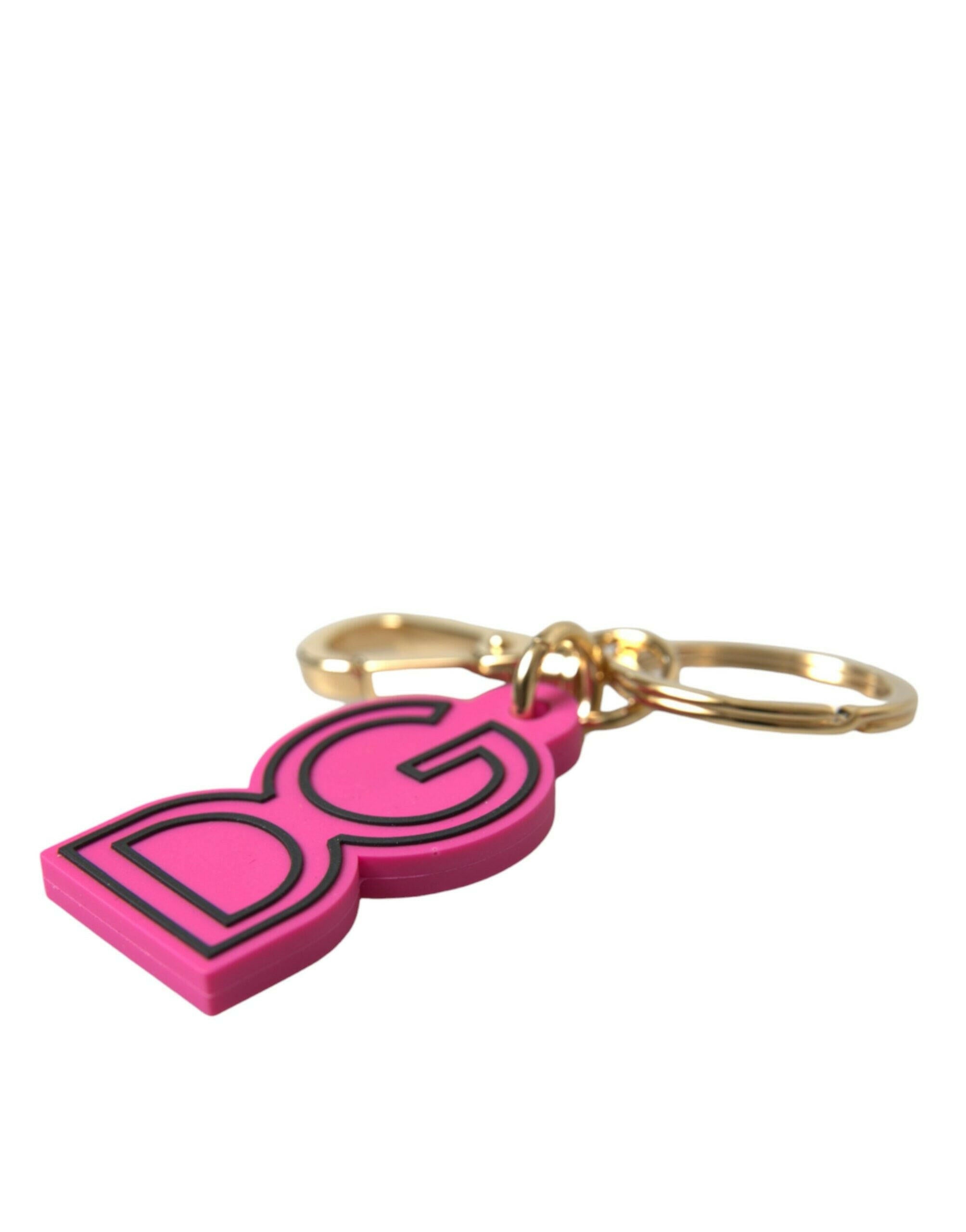 Dolce & Gabbana Pink Rubber Gold Tone Metal DG Logo Keyring Keychain.