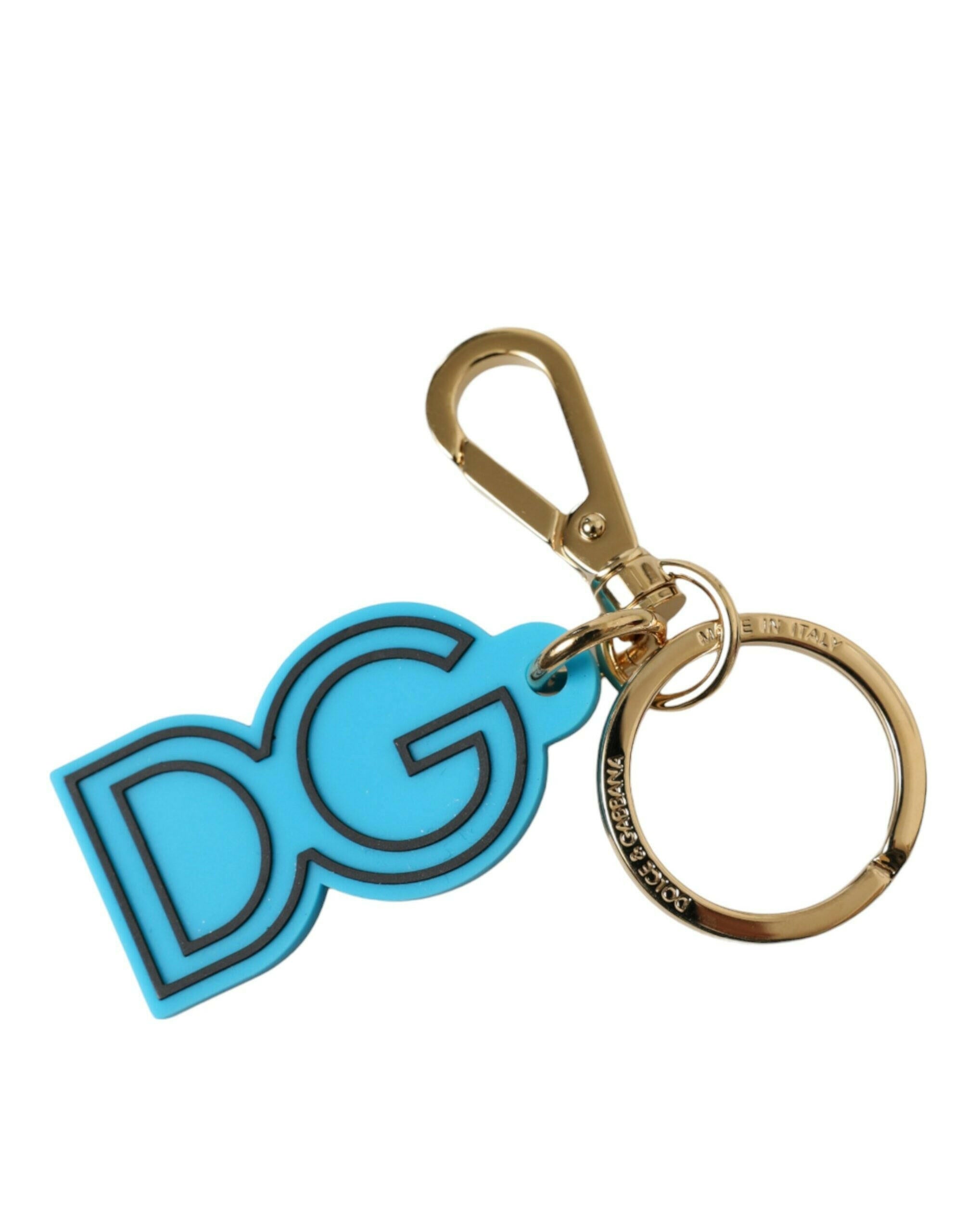 Dolce & Gabbana Blue Rubber Gold Tone Metal DG Logo Keyring Keychain.