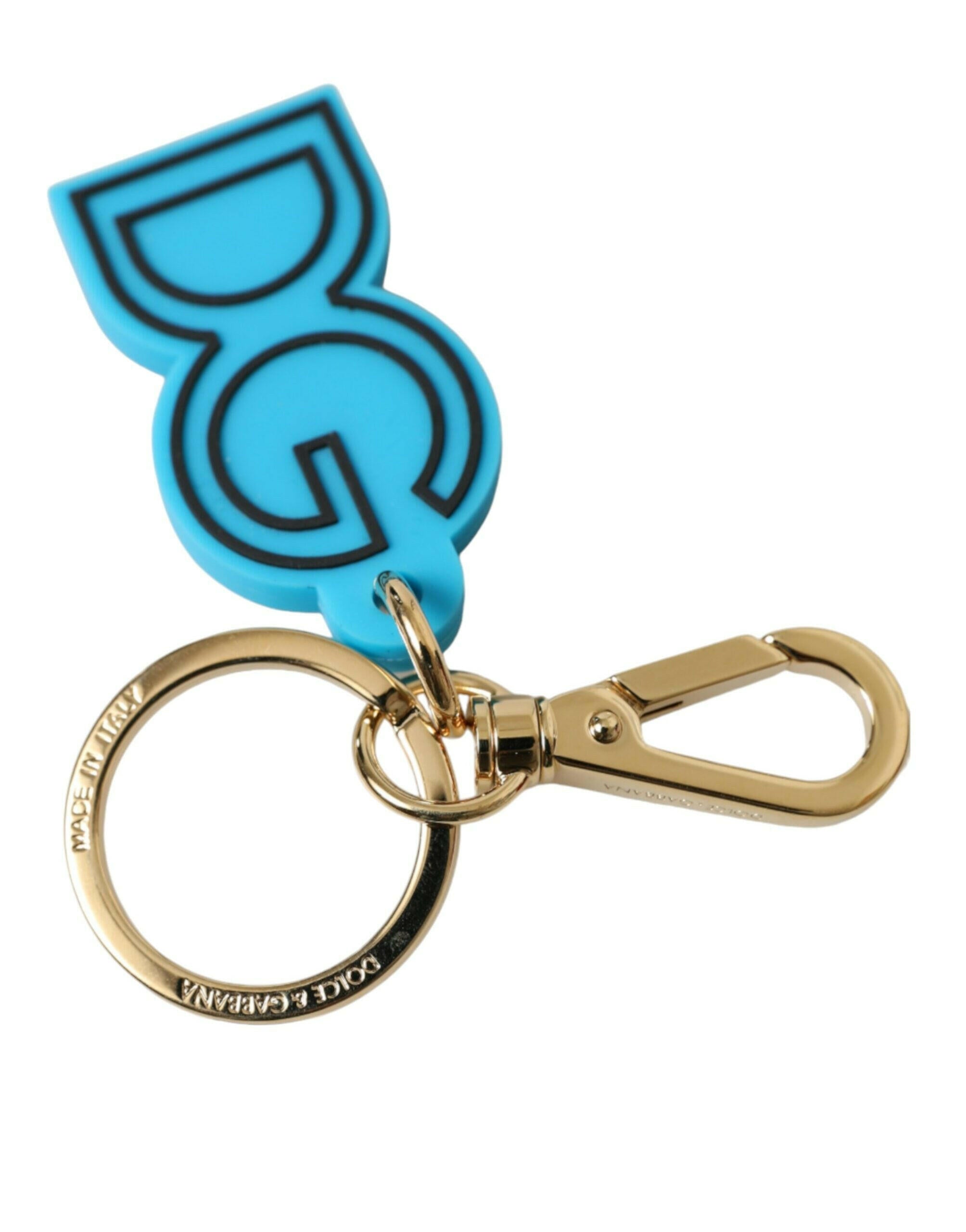 Dolce & Gabbana Blue Rubber Gold Tone Metal DG Logo Keyring Keychain.