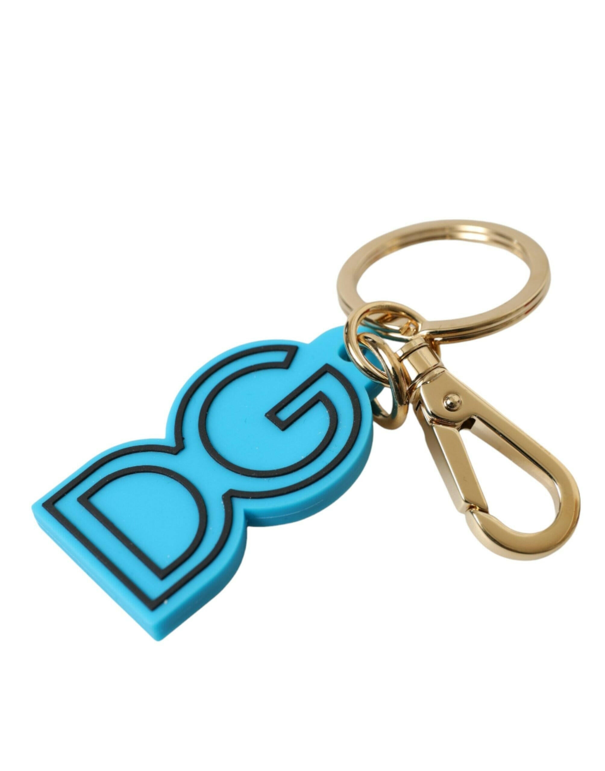 Dolce & Gabbana Blue Rubber Gold Tone Metal DG Logo Keyring Keychain.