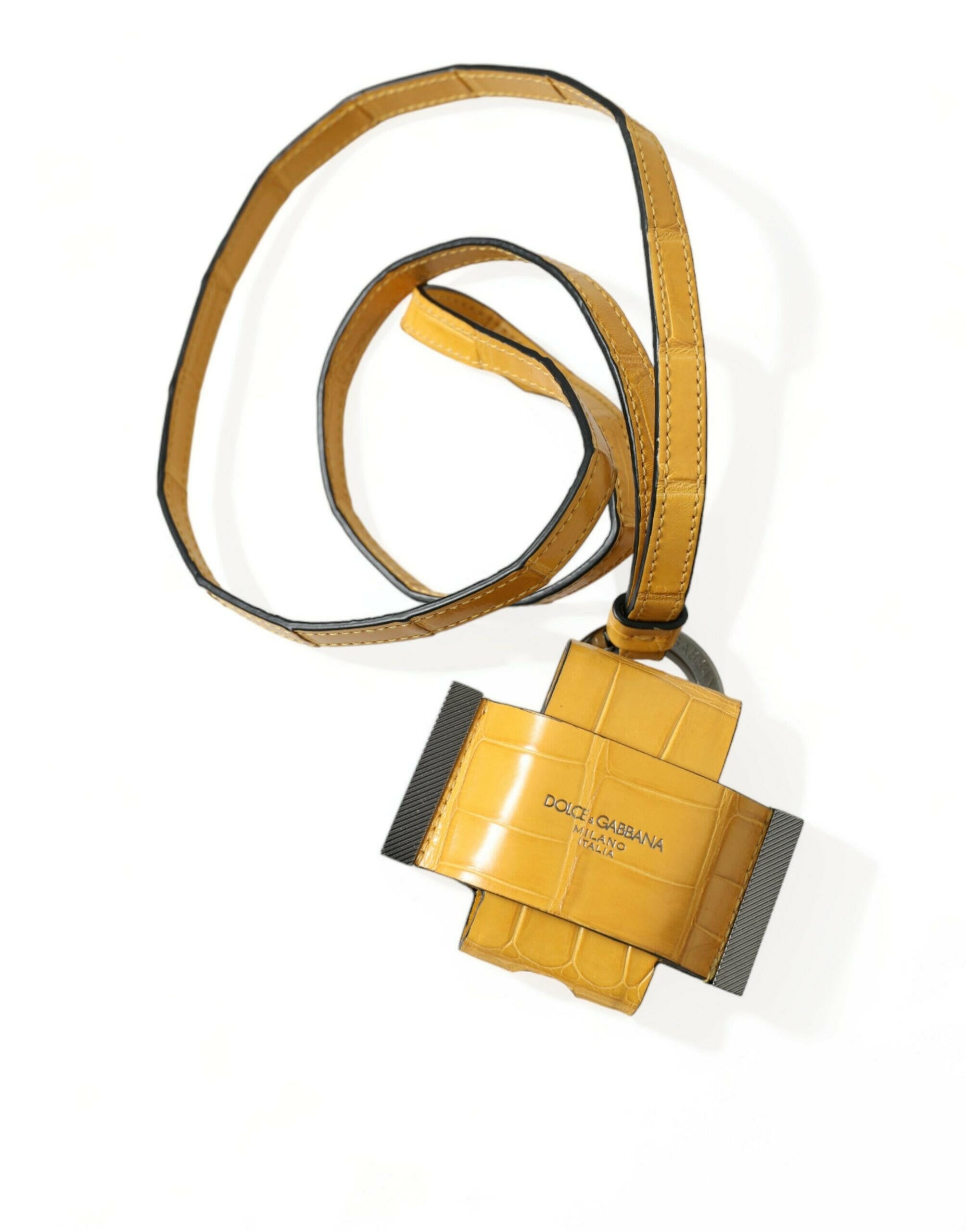 Dolce & Gabbana Yellow Crocodile Leather Logo Print Lanyard Keychain.