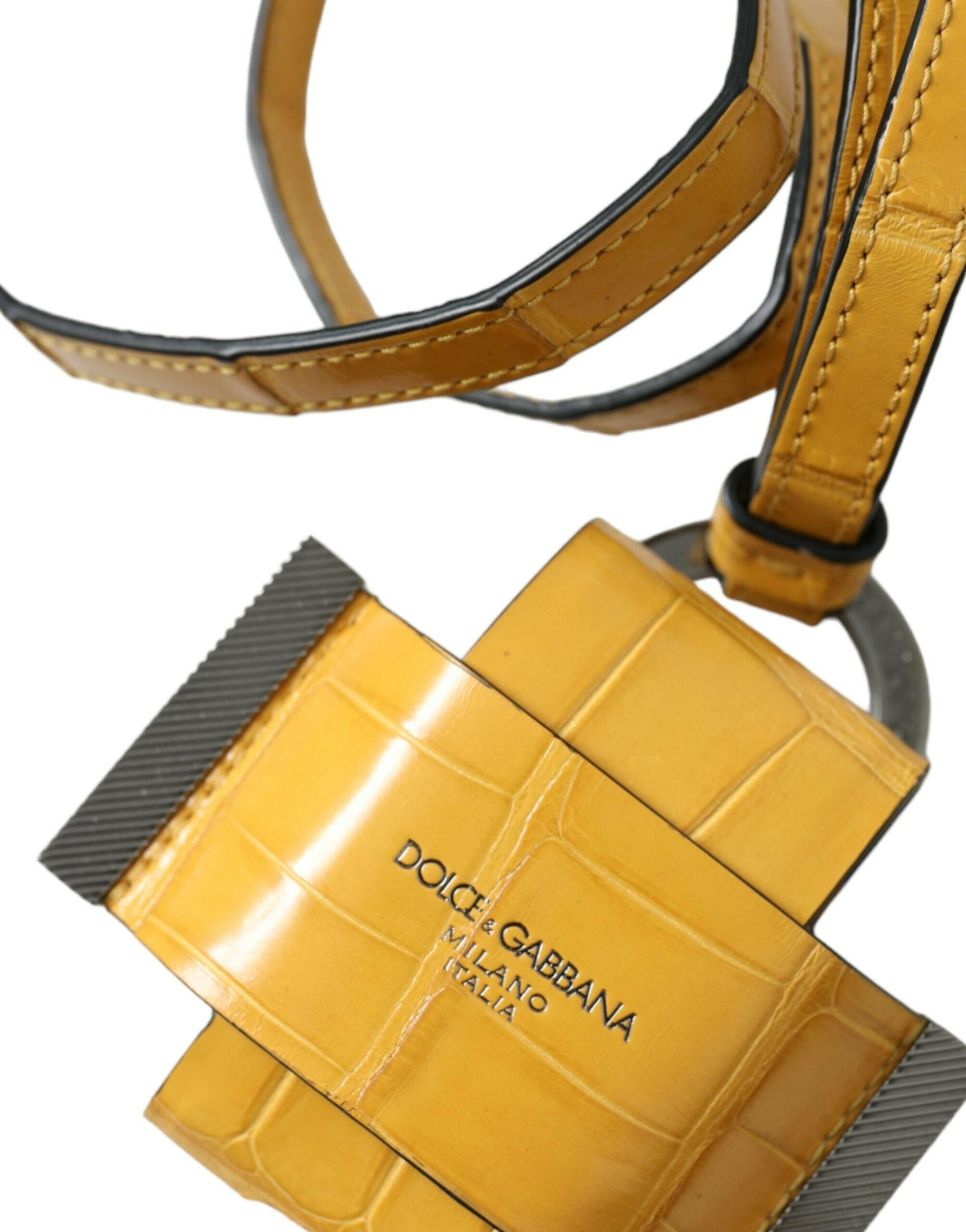 Dolce & Gabbana Yellow Crocodile Leather Logo Print Lanyard Keychain.