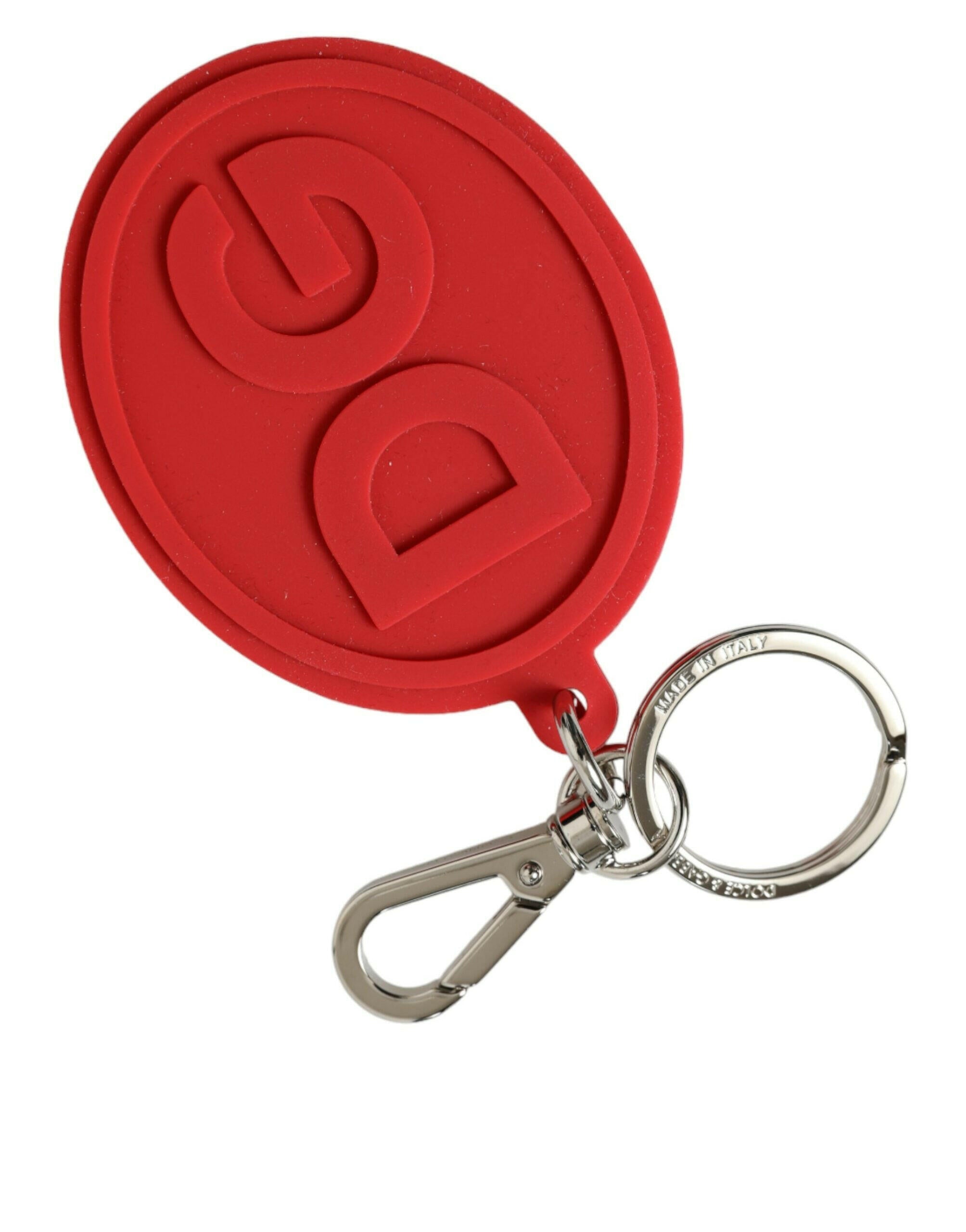 Dolce & Gabbana Red Rubber DG Logo Silver Brass Metal Keyring Keychain.