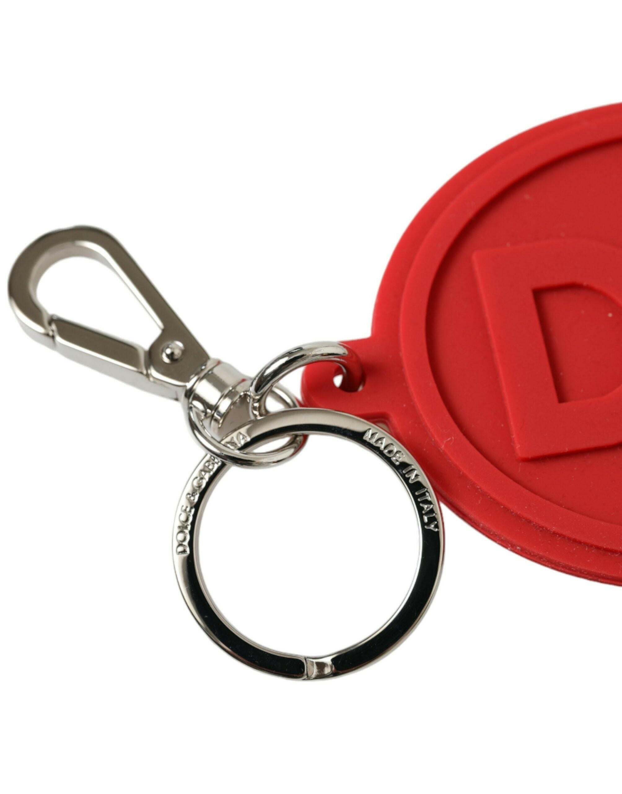 Dolce & Gabbana Red Rubber DG Logo Silver Brass Metal Keyring Keychain.