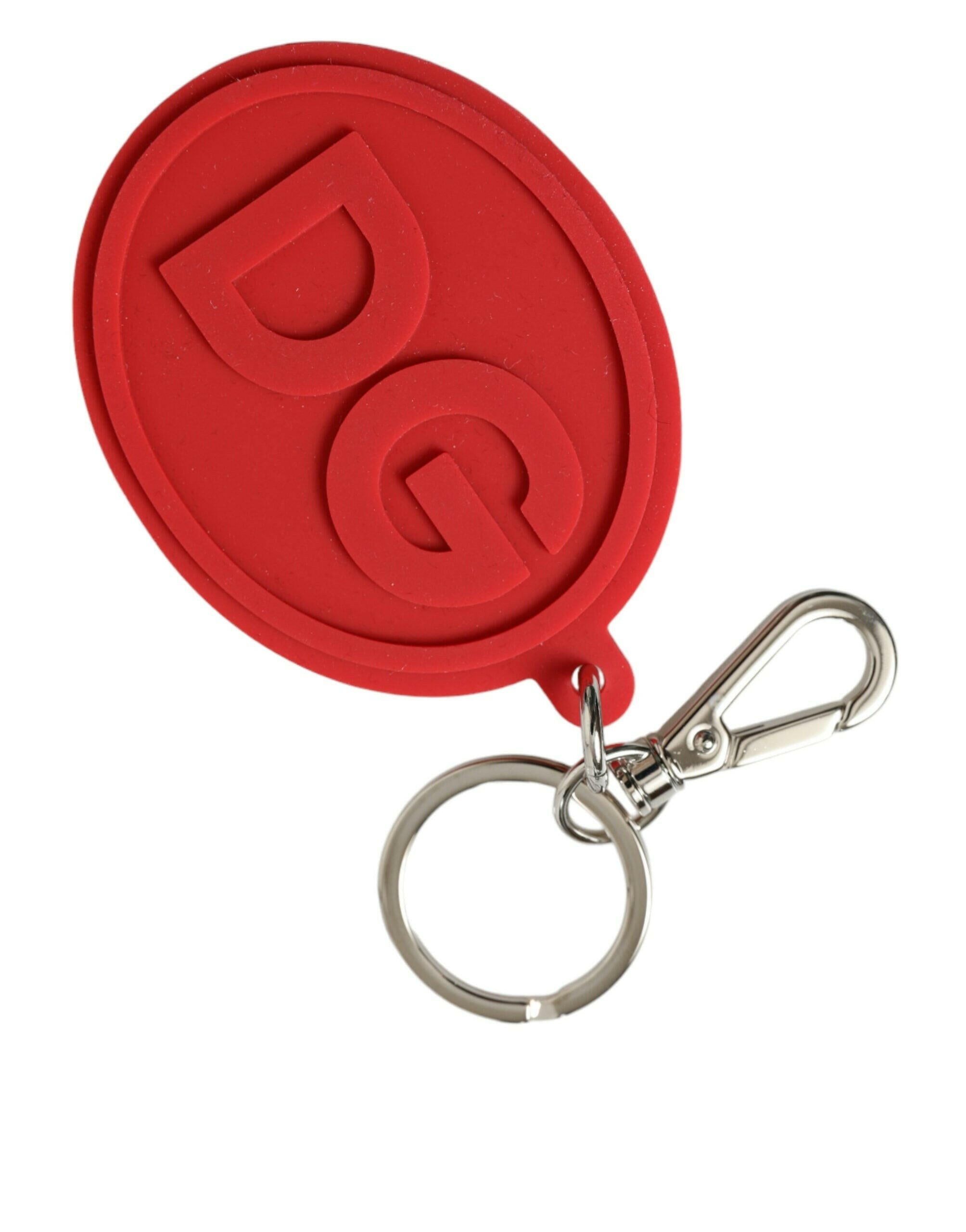Dolce & Gabbana Red Rubber DG Logo Silver Brass Metal Keyring Keychain.