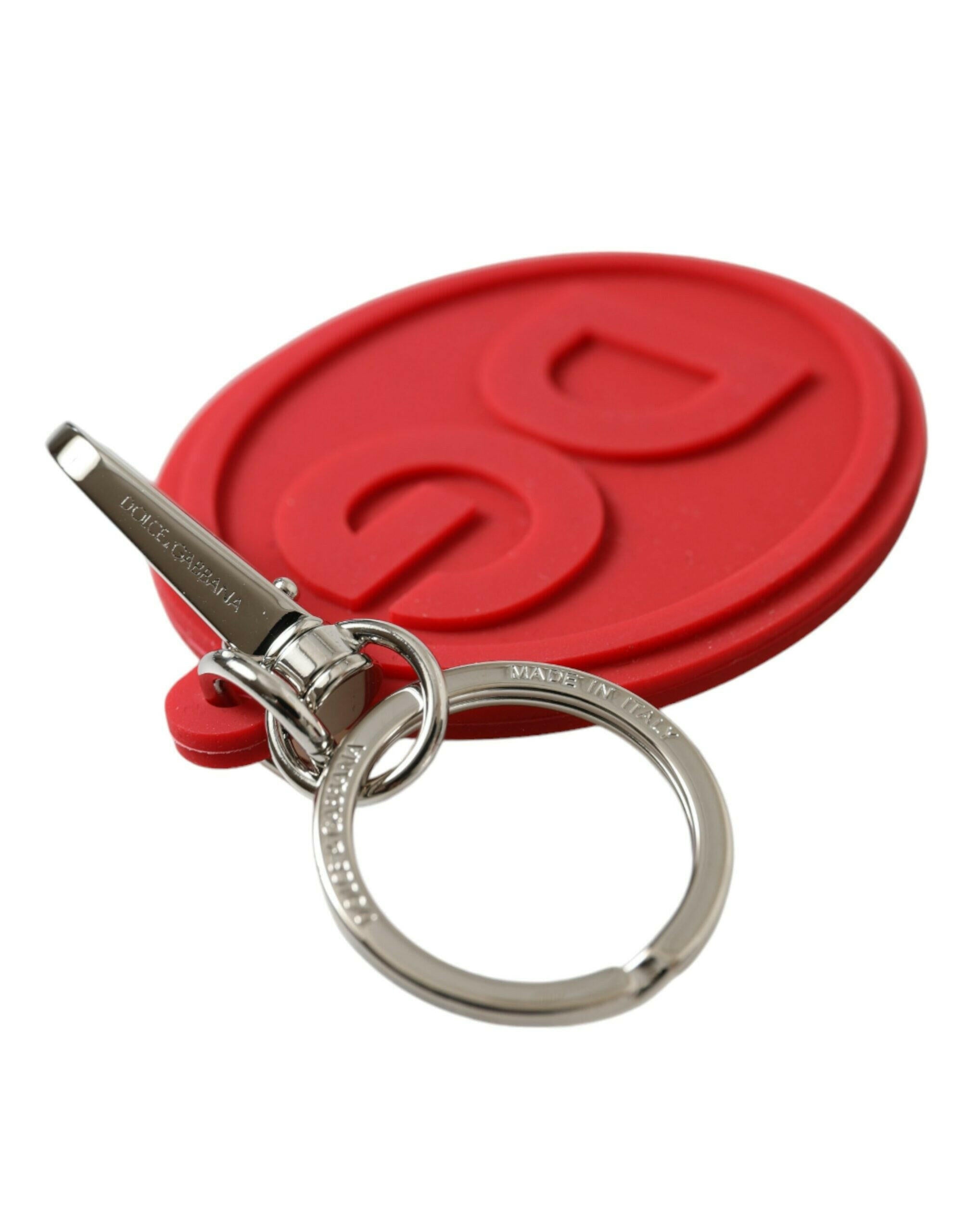 Dolce & Gabbana Red Rubber DG Logo Silver Brass Metal Keyring Keychain.