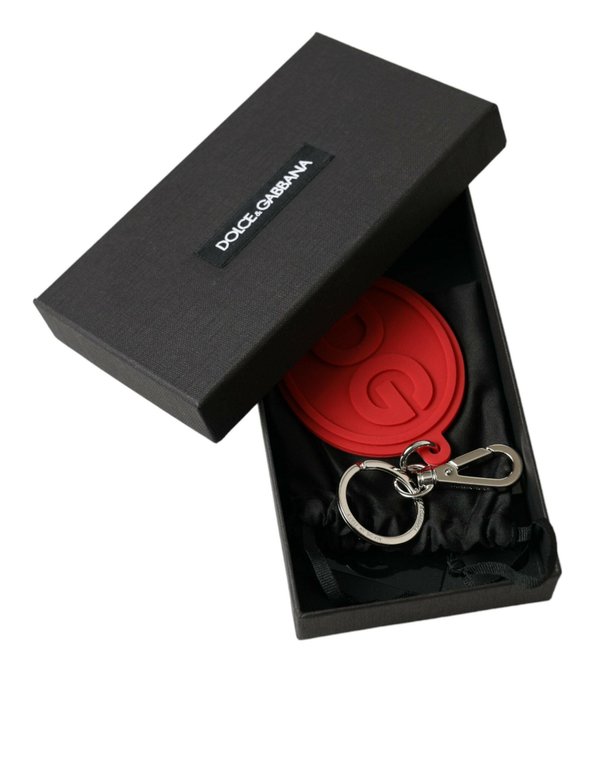 Dolce & Gabbana Red Rubber DG Logo Silver Brass Metal Keyring Keychain.
