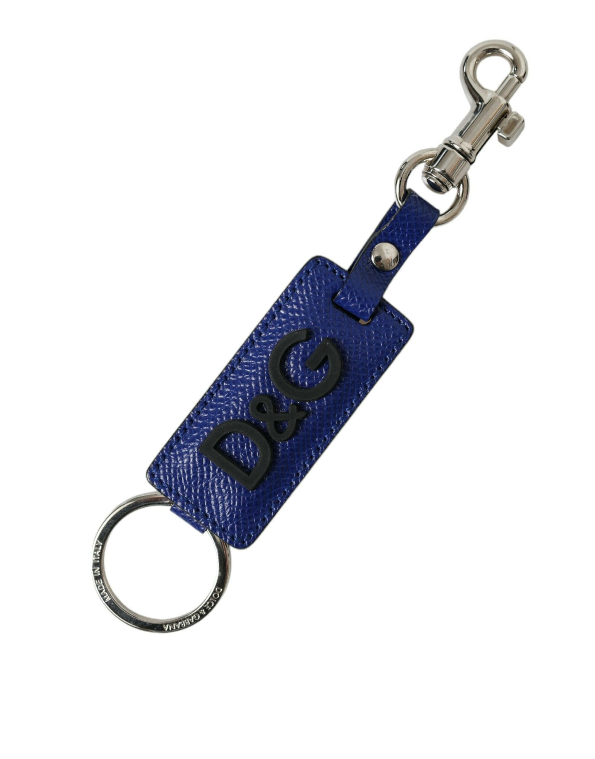 Dolce & Gabbana Blue Calf Leather DG Logo Silver Brass Keyring Keychain.