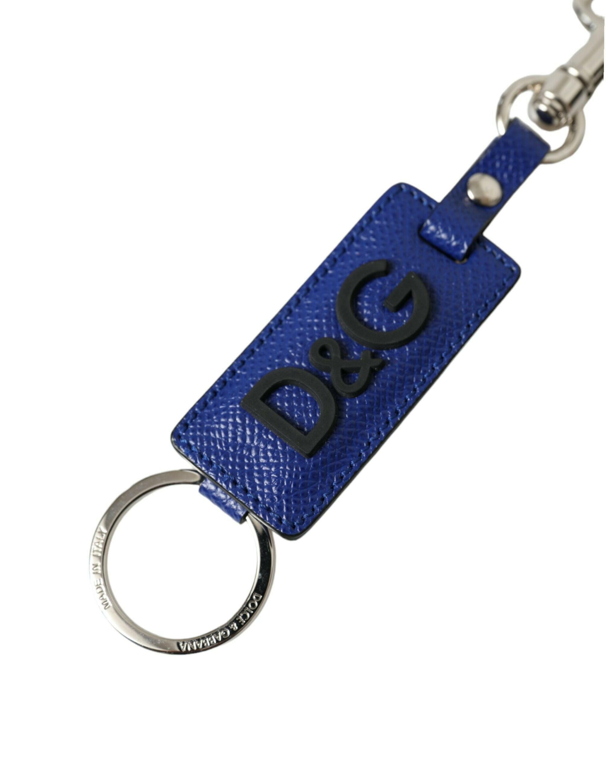 Dolce & Gabbana Blue Calf Leather DG Logo Silver Brass Keyring Keychain.