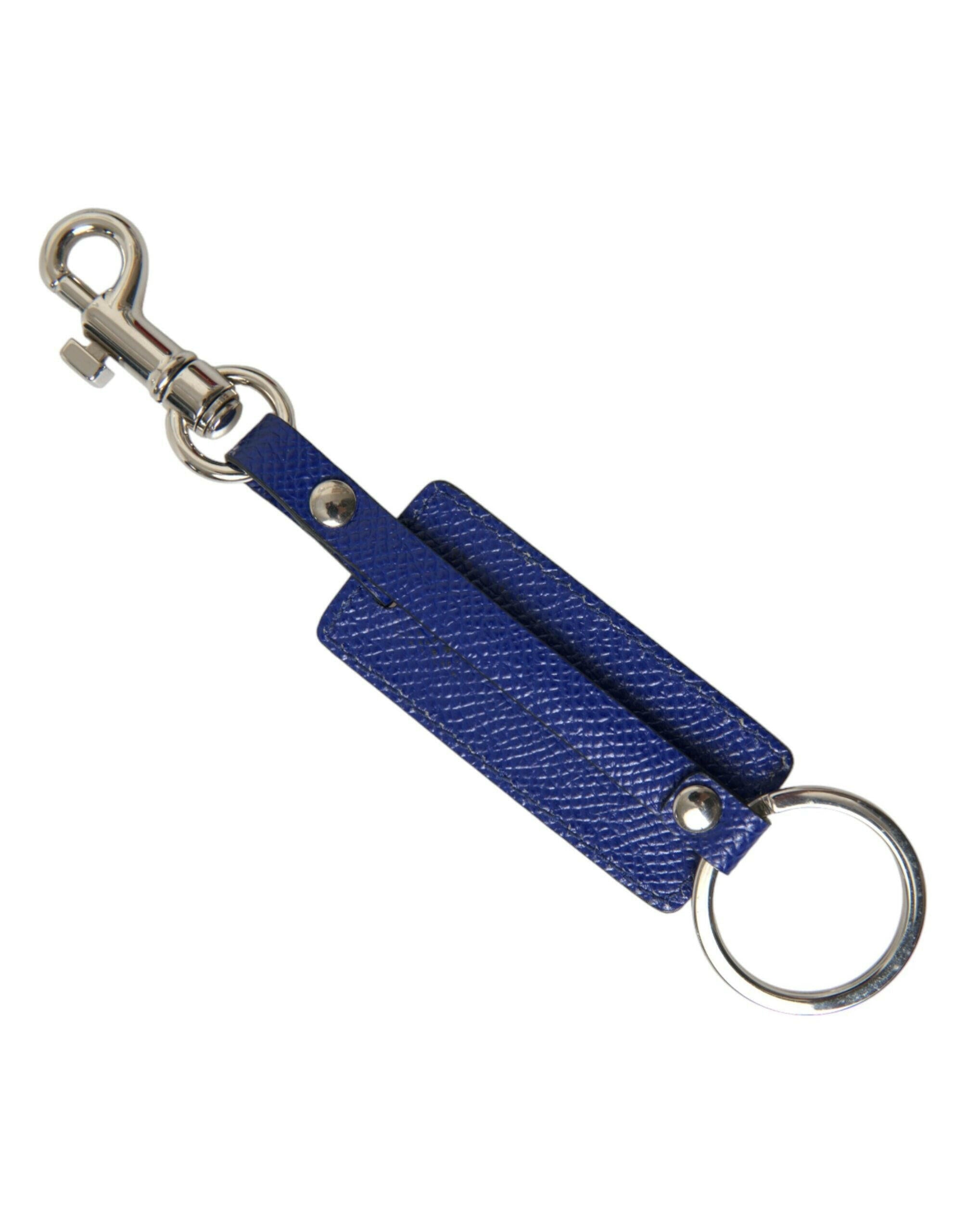 Dolce & Gabbana Blue Calf Leather DG Logo Silver Brass Keyring Keychain.