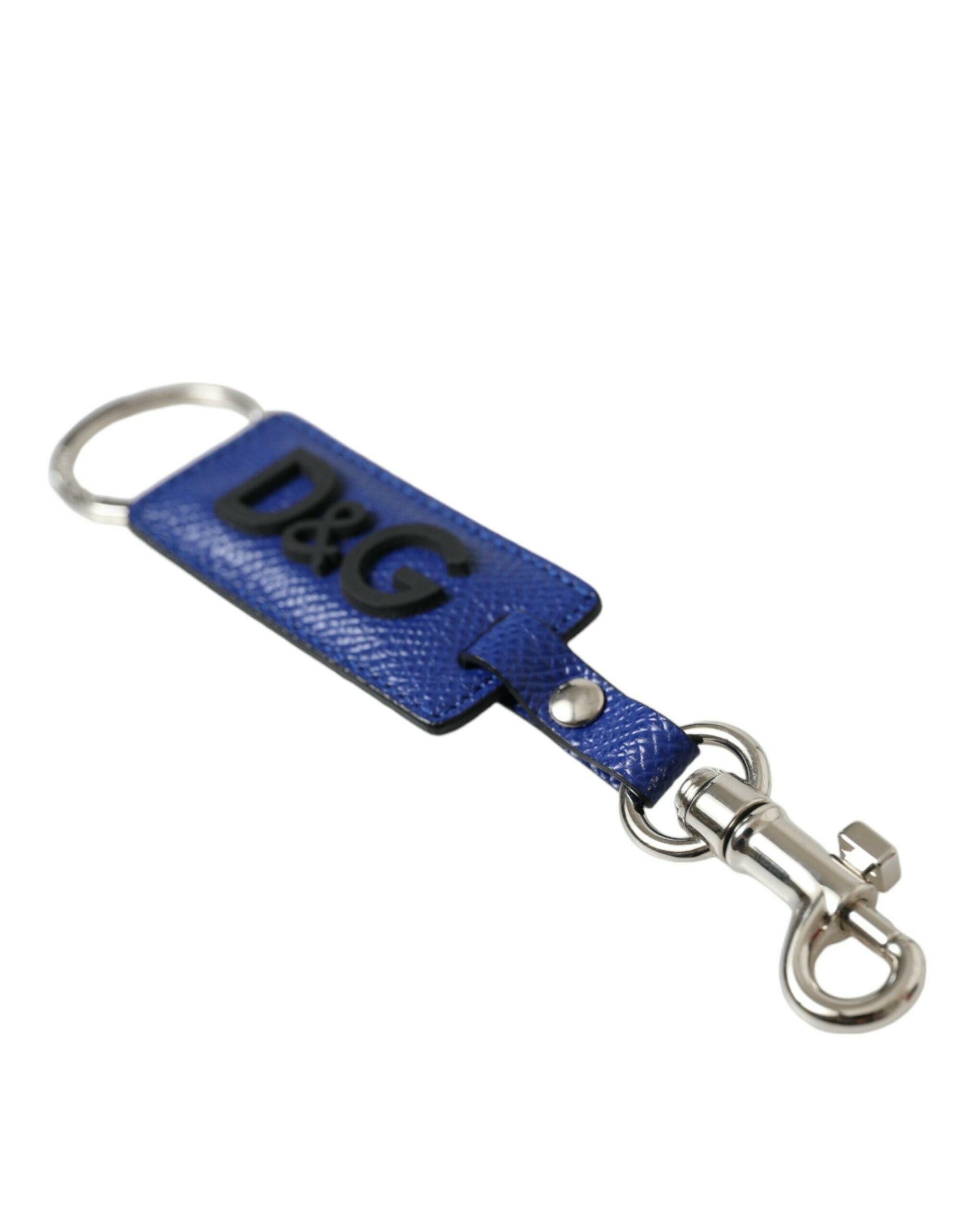 Dolce & Gabbana Blue Calf Leather DG Logo Silver Brass Keyring Keychain.