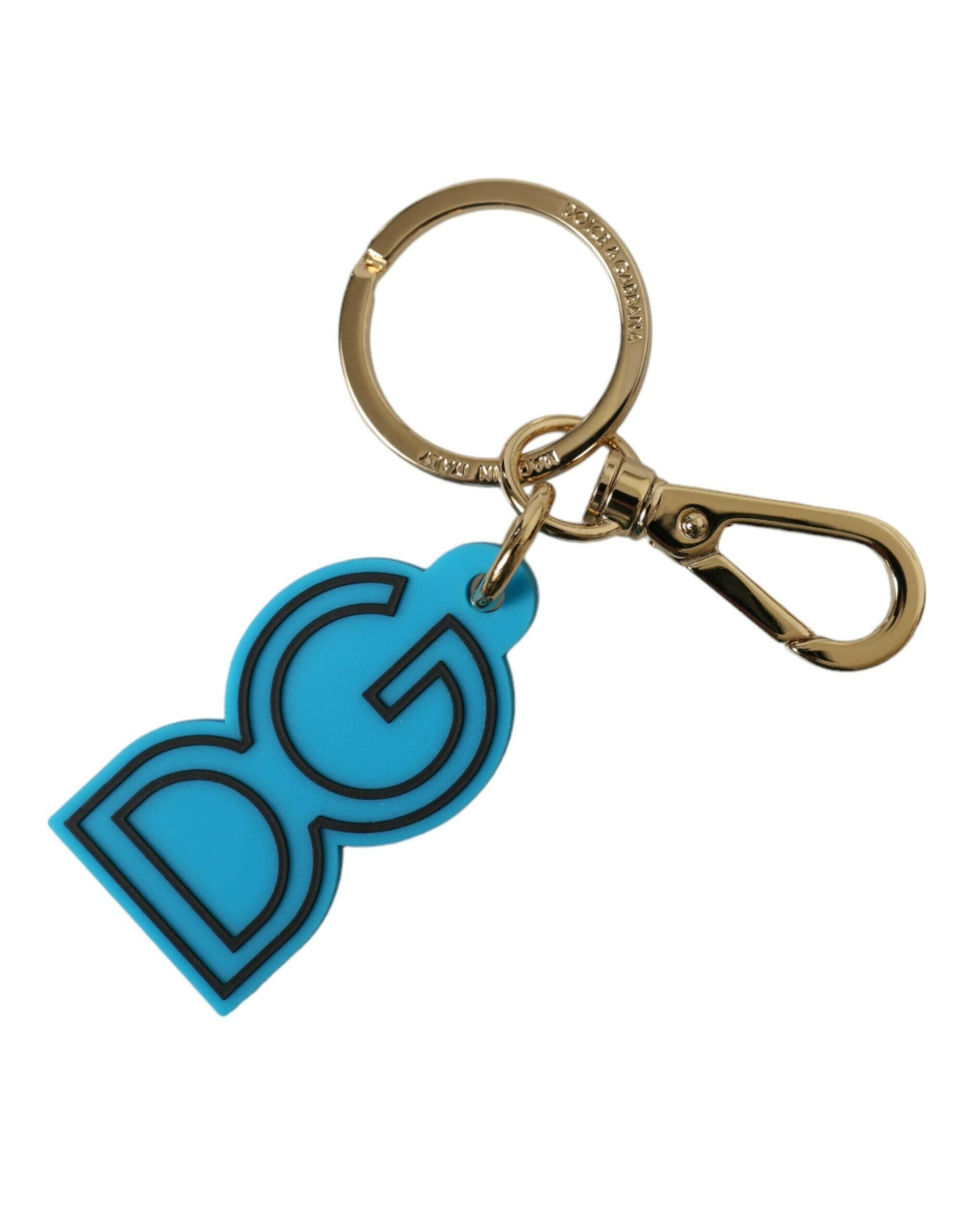 Dolce & Gabbana Blue Rubber Gold Tone Metal DG Logo Keyring Keychain.