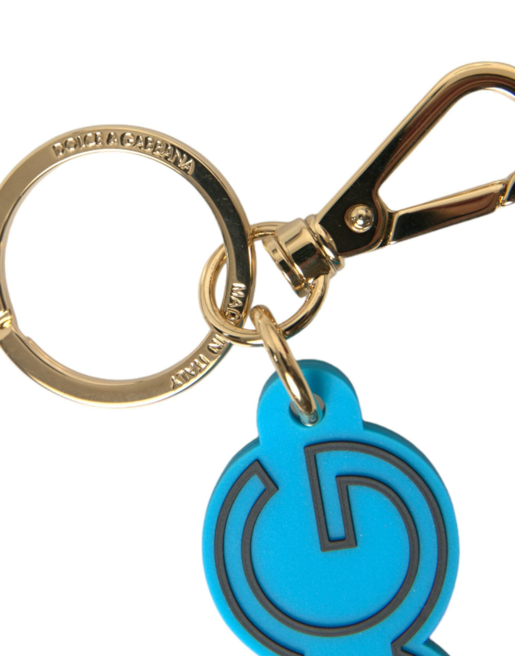 Dolce & Gabbana Blue Rubber Gold Tone Metal DG Logo Keyring Keychain.
