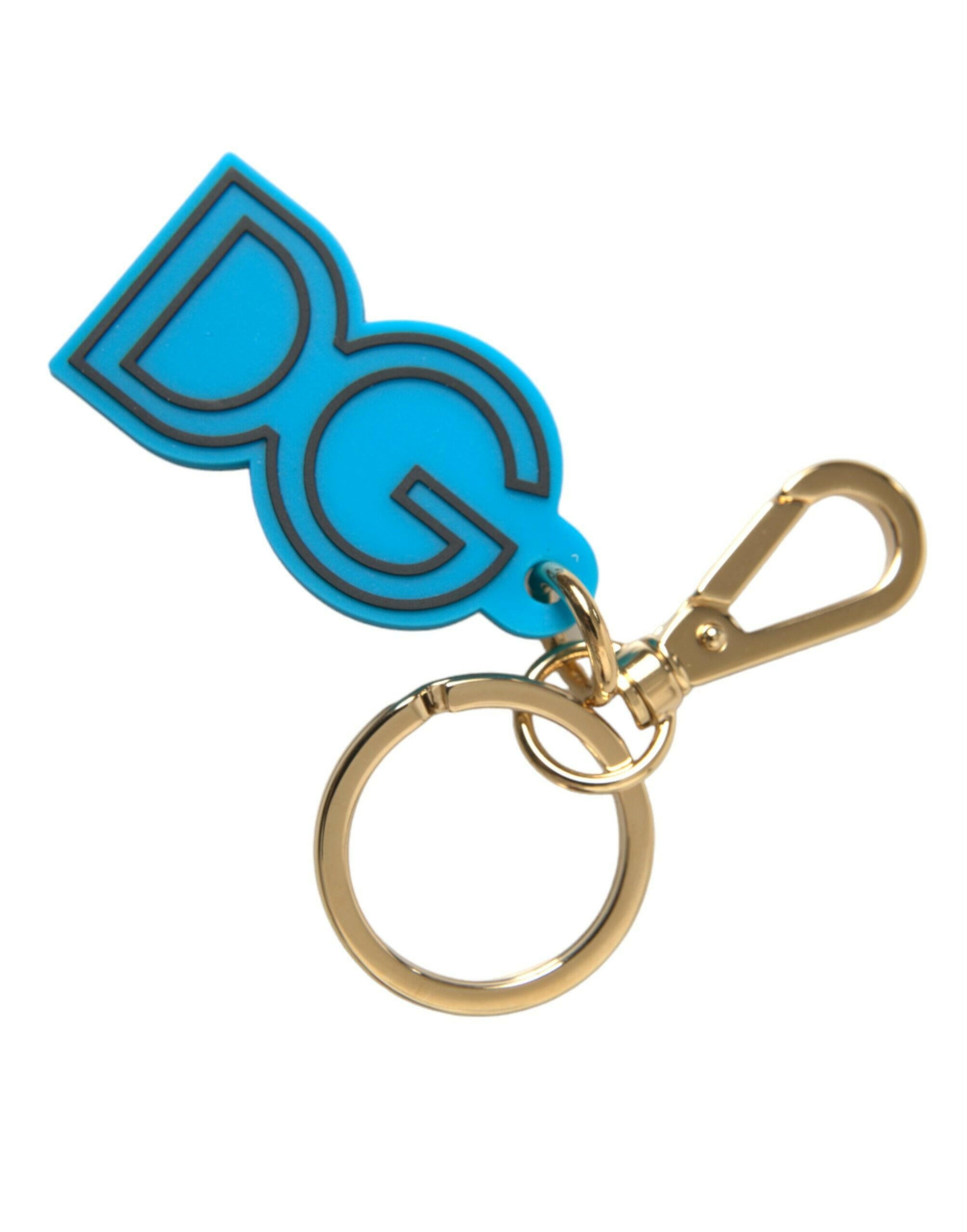 Dolce & Gabbana Blue Rubber Gold Tone Metal DG Logo Keyring Keychain.