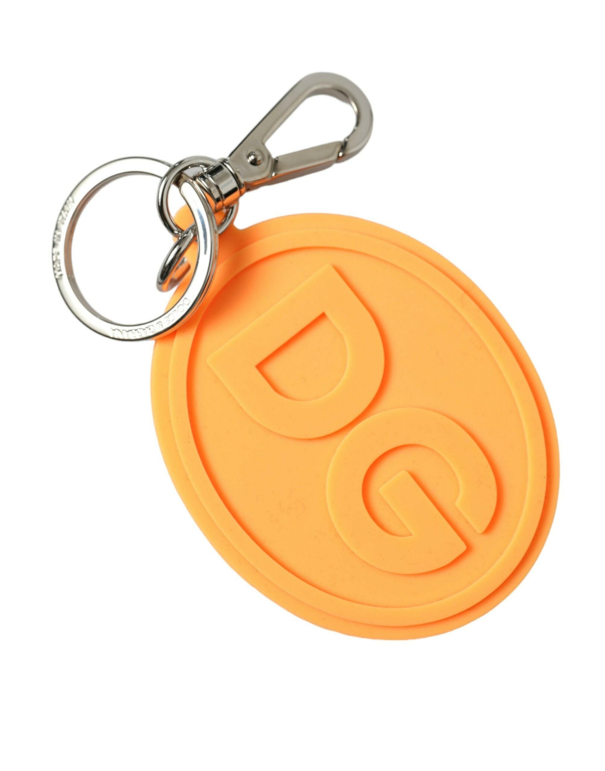 Dolce & Gabbana Orange Rubber DG Logo Silver Brass Metal Keyring Keychain.
