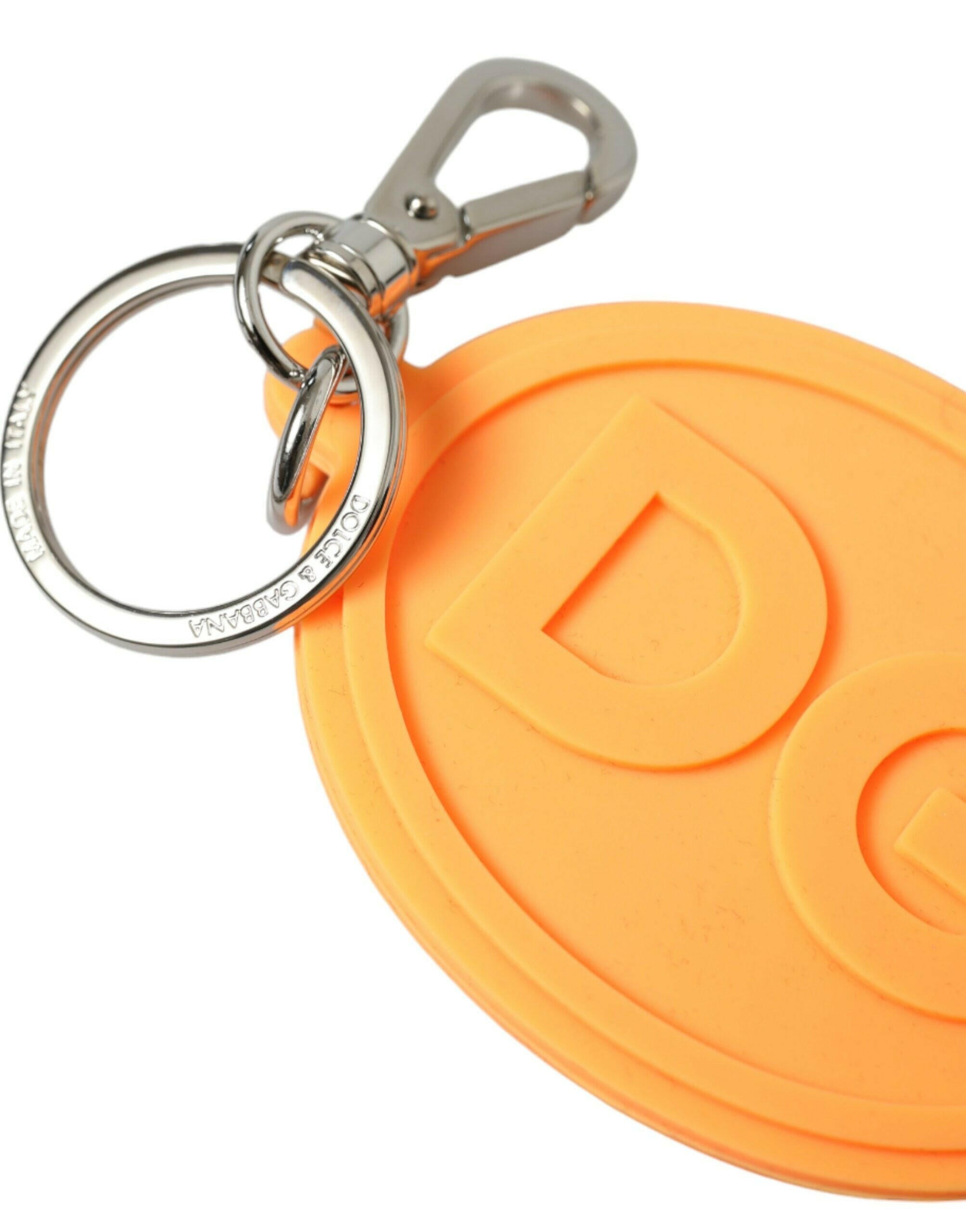 Dolce & Gabbana Orange Rubber DG Logo Silver Brass Metal Keyring Keychain.