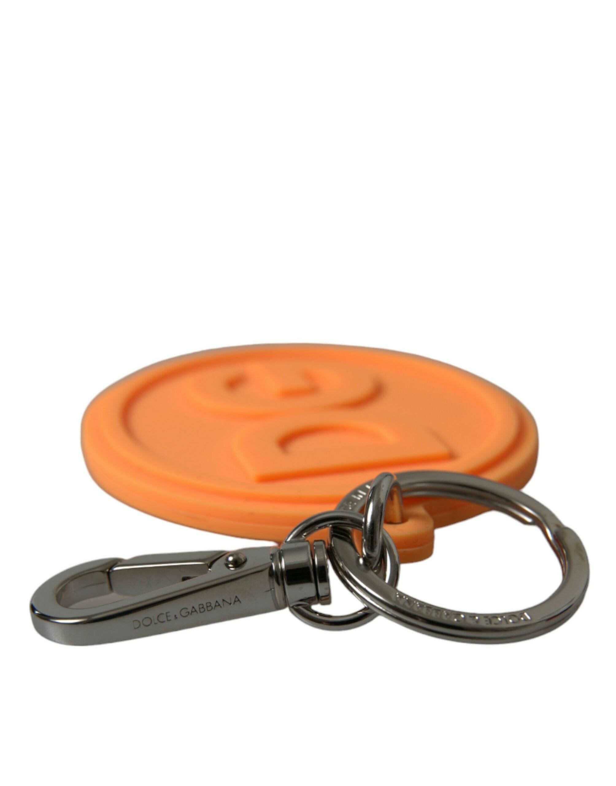 Dolce & Gabbana Orange Rubber DG Logo Silver Brass Metal Keyring Keychain.