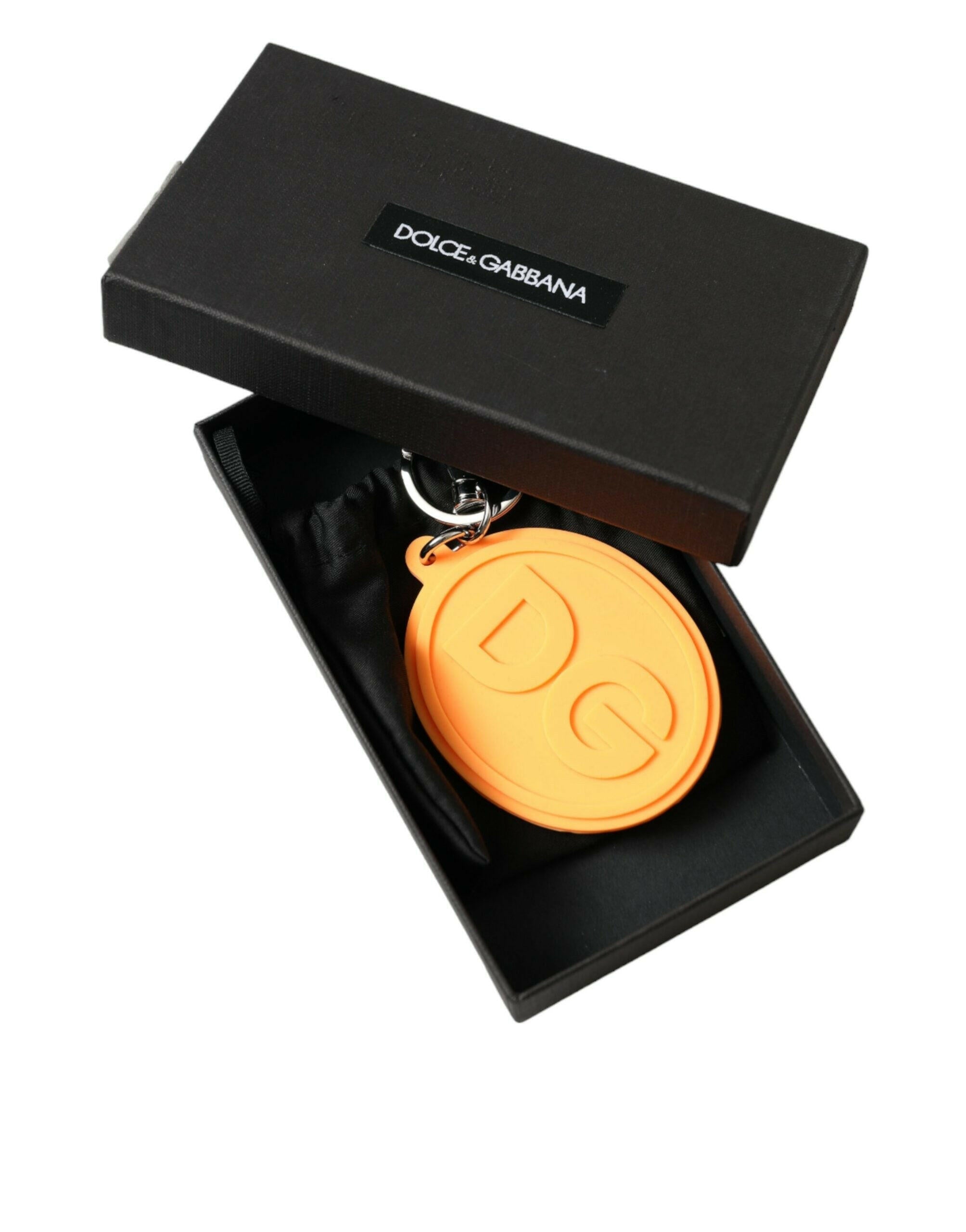 Dolce & Gabbana Orange Rubber DG Logo Silver Brass Metal Keyring Keychain.