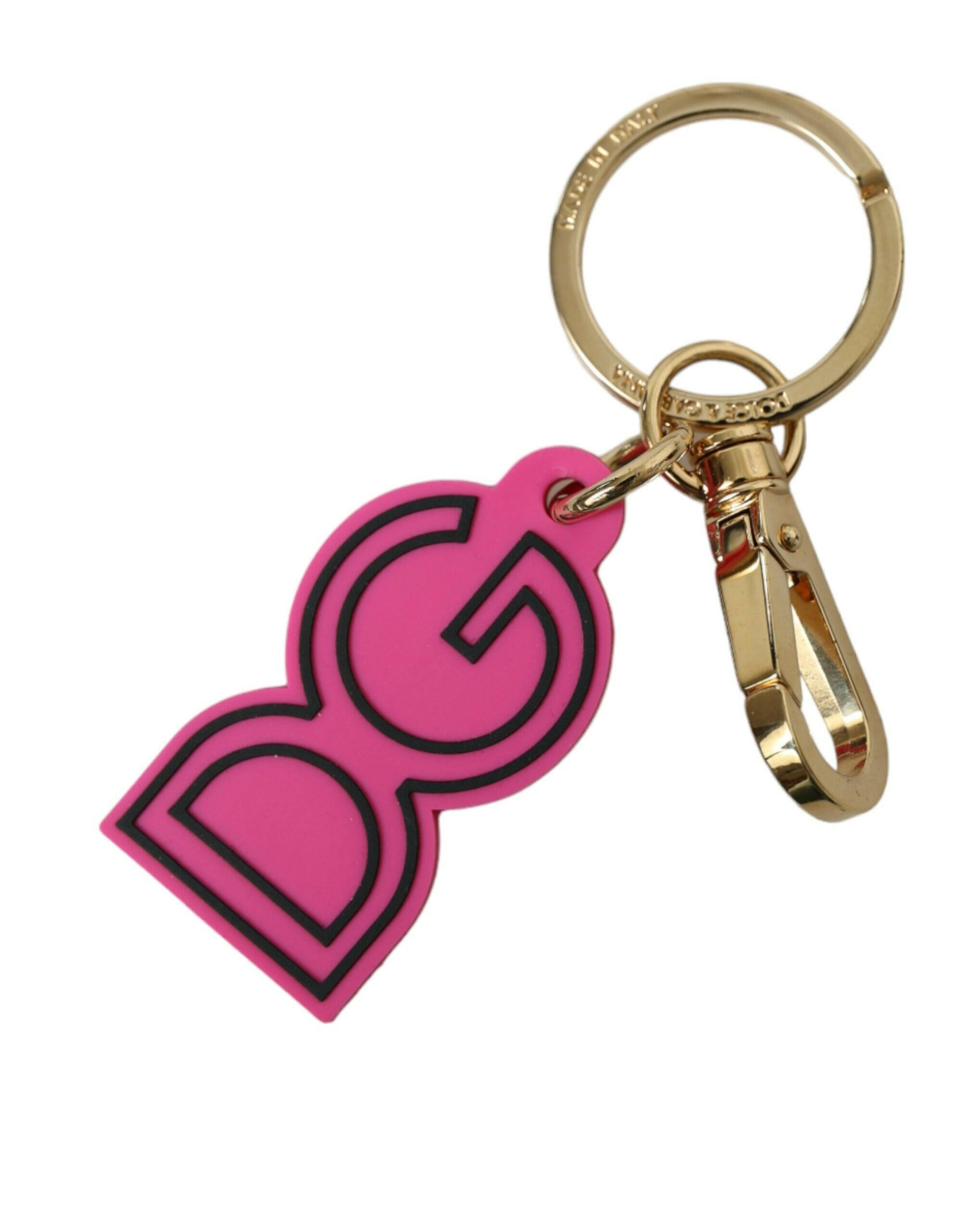 Dolce & Gabbana Pink Rubber Gold Tone Metal DG Logo Keyring Keychain.