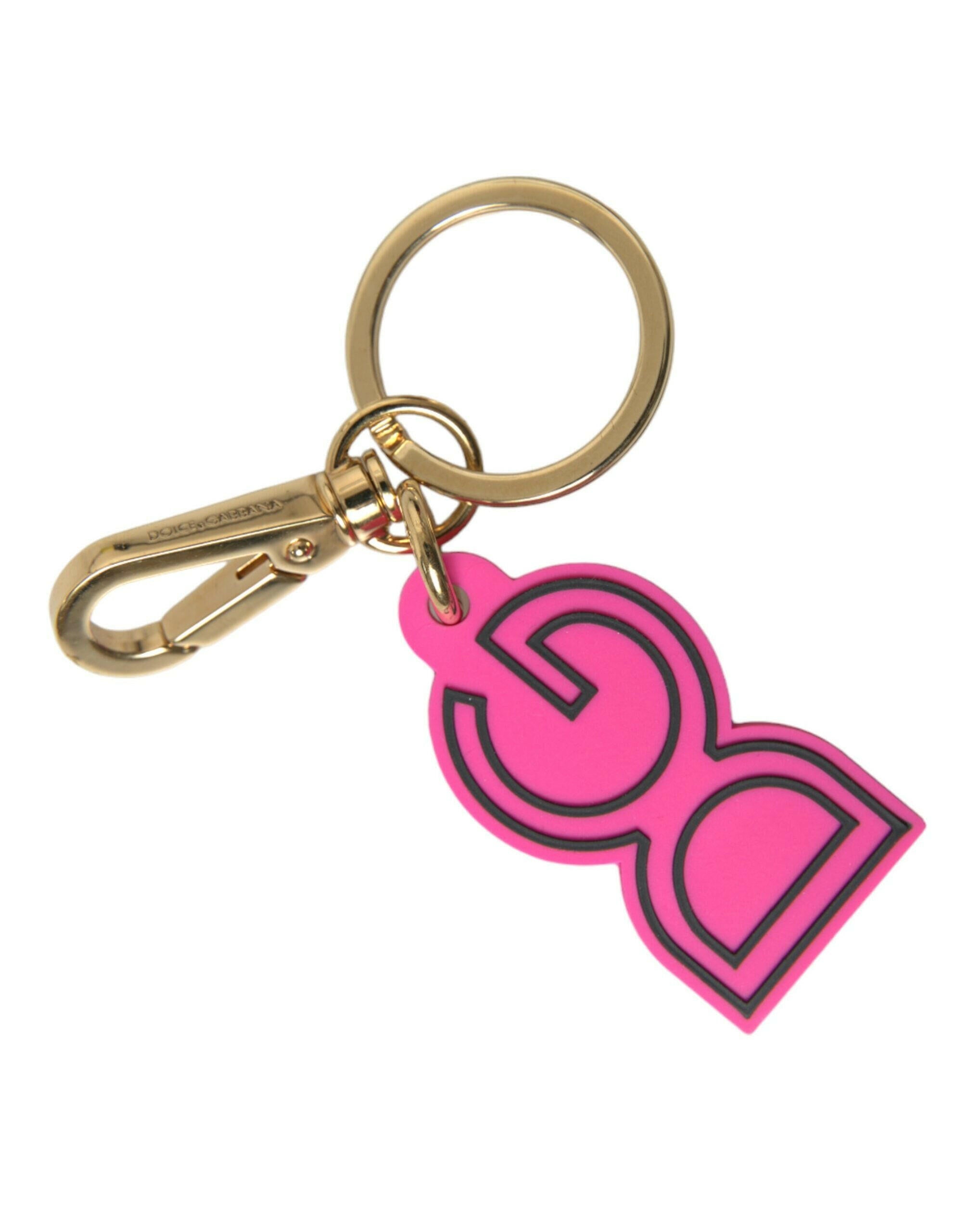 Dolce & Gabbana Pink Rubber Gold Tone Metal DG Logo Keyring Keychain.