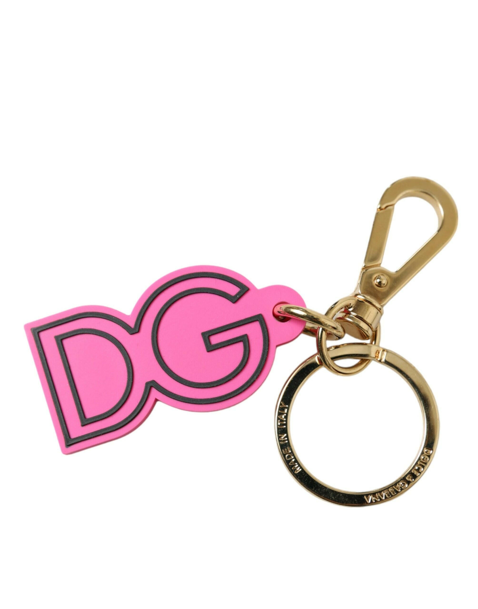 Dolce & Gabbana Pink Rubber Gold Tone Metal DG Logo Keyring Keychain.