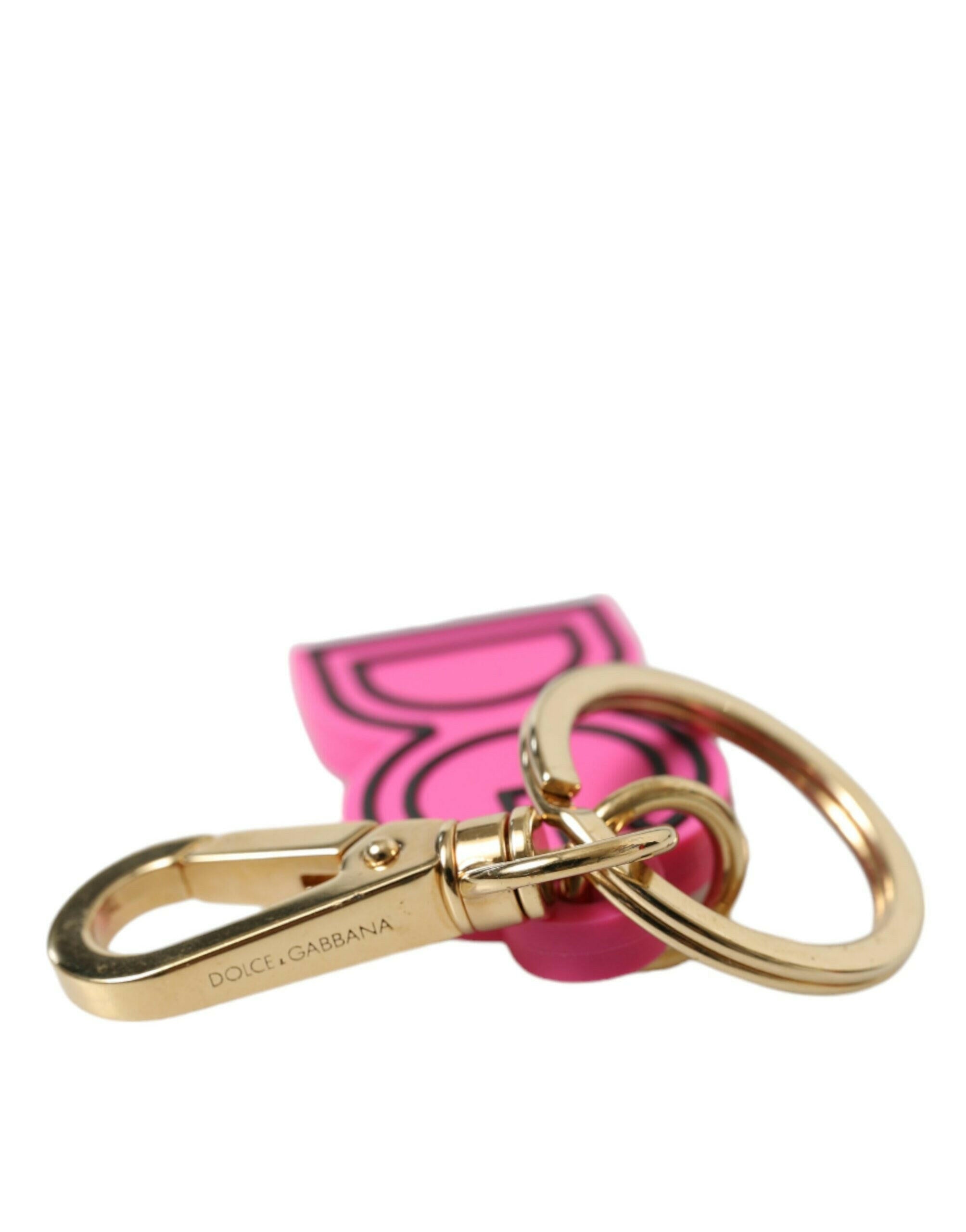Dolce & Gabbana Pink Rubber Gold Tone Metal DG Logo Keyring Keychain.