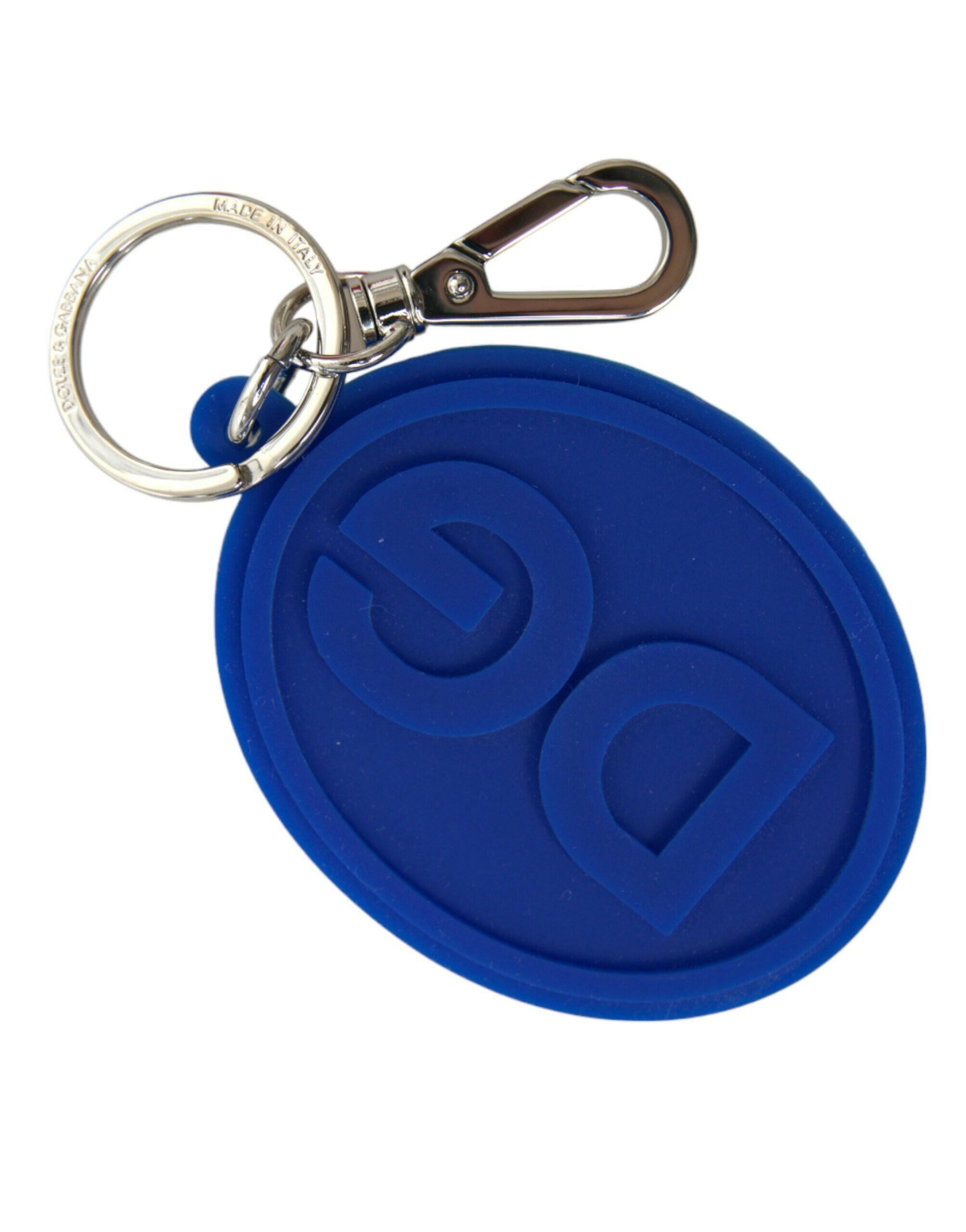 Dolce & Gabbana Blue Rubber DG Logo Silver Brass Metal Keyring Keychain.